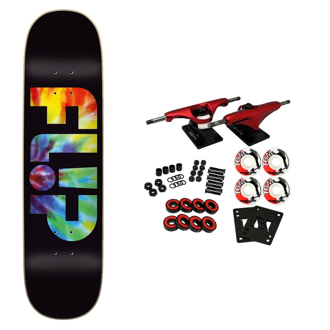 PRODUCT DETAILS Flip Odyssey Tie Dye スケートボード コンプリート 8.4" x 31.73"【商品仕様】・ 種別：スケートボード コンプリート（要組み立て）・ デッキサイズ：8.4インチ x 31.73インチ（約21.3cm x 80.6cm）・ ホイールベース：14.2インチ（約36.1cm）・ デッキ素材：カナディアンメイプル・ トラック：Core アルミニウムトラック（USA製ブッシュ）・ ウィール：52mm 99A・ ベアリング：Amp Bearings (ABEC 5)・ 対象：初心者からプロまで【特徴】・ カナダの森林保護区から採れたカナディアンメイプルをデッキ素材に使用しています。・ 軽量かつ耐久性に優れたCore製のアルミニウムトラックと、ストリート・パークの両方に適した52mmウィールを組み合わせています。・ スムーズな回転をサポートするABEC 5規格のAmpベアリングを採用しています。・ 幅8.4インチのサイズ設定により、安定感のあるライディングを提供します。・ 各パーツを自身で組み立てる仕様となっており、構造を学びながら好みの調整やカスタマイズが可能です。【ご注意】・ 海外並行輸入品のため、付属の説明書がある場合は英語表記となります。 ■ 商品について 海外輸入品（説明書は英語表記の場合あり） ■ ご注意 ・掲載画像は実物に近い色味になるよう調整しておりますが、ご利用の環境により差異が生じる場合があります。・複数店舗で在庫を共有しているため、ご注文後に在庫切れとなる場合がございます。 ■ 納期について お届けの目安を必ずご確認ください。 海外正規ルート仕入れ品 海外ブランド ▼ 海外正規ブランド店 正規代理店 ▼ 当 店 ※本商品は並行輸入品です 製造元は正規品と同一のブランド・メーカーです。当店では海外正規ルートより仕入れた商品を取り扱っております。流通ルートが異なるのみで、商品自体に違いはございません。 ── 当店の商品について ── 正規品のみ取り扱い 海外正規店・正規代理店から商品を直接仕入れ、国内に輸入して販売しております。 日本未入荷・海外限定モデルも多数 日本未入荷・海外限定モデルも多数取り扱っております。サイズ・カラー違いや海外限定で販売された製品など、日本では手に入りにくいアイテムをお届けいたします。 お求めやすい価格の理由 海外市場での価格差や流通ルートの違いにより、国内販売価格よりお求めやすくなっております。品質はそのままに、よりお手頃な価格でお届けいたします。 安心保証 ご使用前に万が一、製品に不具合がございました場合は、交換または商品代金のご返金にて対応させていただきます。商品到着後5日以内にご連絡ください。 ご注意 海外からの輸入品となります。海外輸送のため、外箱に軽微なスレ等がある場合がございますが、商品本体には影響ございません。 ※在庫状況は仕入先の在庫情報をもとに出来る限り正確に表示しておりますが、取寄せ商品のため、タイミングによりご注文後に欠品・キャンセルとなる場合がございます。 お探しの商品がございましたら、お気軽にご相談ください。