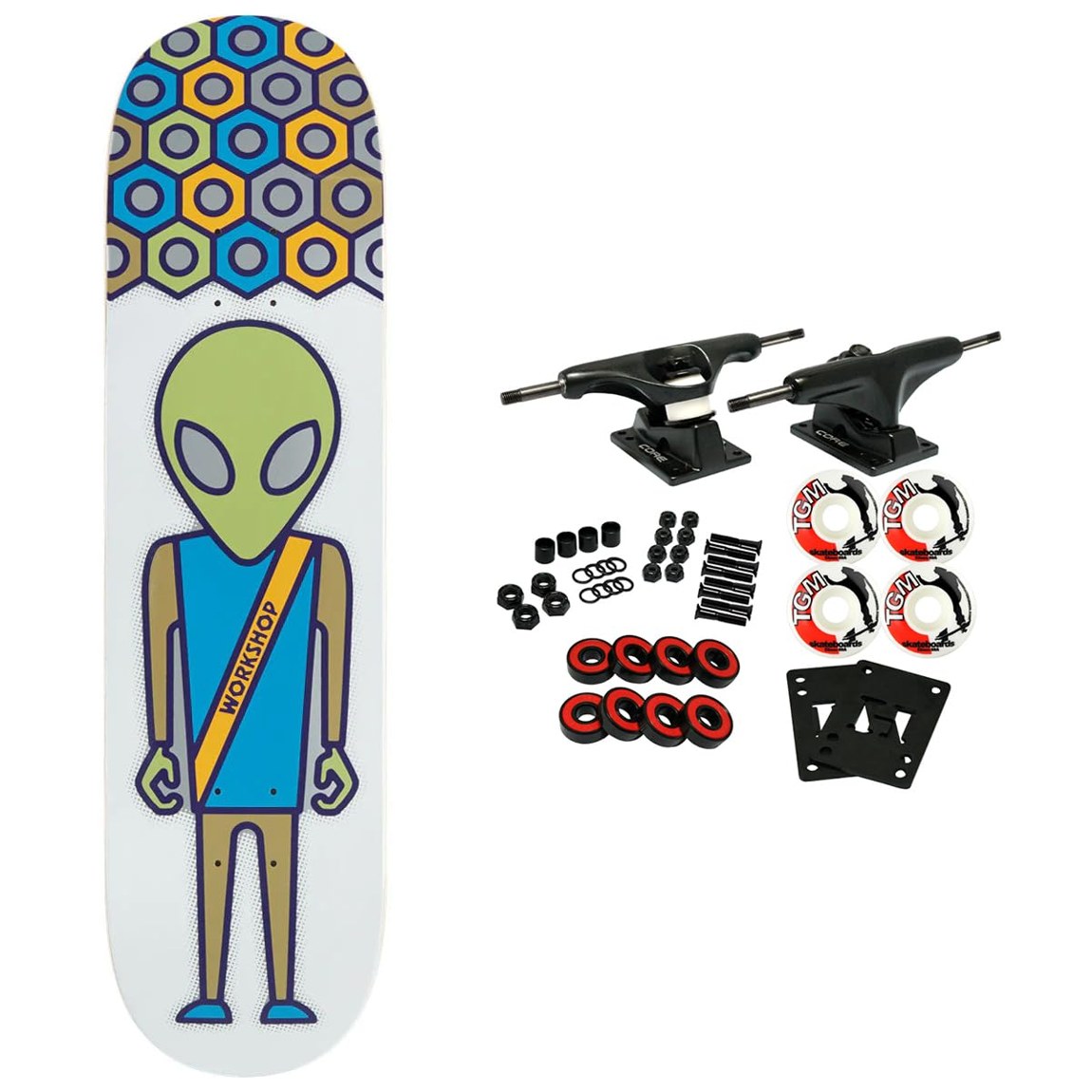 PRODUCT DETAILS Alien Workshop Soldier Regalia スケートボード コンプリート 8.25インチ 8.25" x 32.25"【商品仕様】・ 種別：スケートボード（コンプリート・未組み立てセット）・ デッキ幅：8.25インチ（約20.95cm）・ デッキ長：32.25インチ（約81.91cm）・ デッキ素材：7層北米メイプル・ トラック：Core製アルミトラック（スチール製キングピン・アクスル採用）・ ウィール：52mm 99A TGMロゴ入り・ ベアリング：Amp ABEC 5・ その他：Black Diamondグリップテープ、ライザーパッド、ボルト・ナット付属・ コンケーブ：ミディアム【特徴】・ 北米産メイプルを使用した7層構造のデッキに、各パーツを組み合わせたコンプリートパッケージです。・ ストリートからパークまで対応可能な硬度99Aの52mmウィールを採用しています。・ 耐久性と軽量性を両立したアルミニウム製トラックと、メンテナンス性の高いベアリングが同梱されています。・ 未組み立ての状態でお届けするため、自身の好みに合わせた調整をしながら組み上げることが可能です。・ 初心者から上級者まで、スキルレベルを問わず使用できる標準的なスペックです。【ご注意】・ 海外並行輸入品のため、付属の説明書がある場合は英語表記となります。 ■ 商品について 海外輸入品（説明書は英語表記の場合あり） ■ ご注意 ・掲載画像は実物に近い色味になるよう調整しておりますが、ご利用の環境により差異が生じる場合があります。・複数店舗で在庫を共有しているため、ご注文後に在庫切れとなる場合がございます。 ■ 納期について お届けの目安を必ずご確認ください。 海外正規ルート仕入れ品 海外ブランド ▼ 海外正規ブランド店 正規代理店 ▼ 当 店 ※本商品は並行輸入品です 製造元は正規品と同一のブランド・メーカーです。当店では海外正規ルートより仕入れた商品を取り扱っております。流通ルートが異なるのみで、商品自体に違いはございません。 ── 当店の商品について ── 正規品のみ取り扱い 海外正規店・正規代理店から商品を直接仕入れ、国内に輸入して販売しております。 日本未入荷・海外限定モデルも多数 日本未入荷・海外限定モデルも多数取り扱っております。サイズ・カラー違いや海外限定で販売された製品など、日本では手に入りにくいアイテムをお届けいたします。 お求めやすい価格の理由 海外市場での価格差や流通ルートの違いにより、国内販売価格よりお求めやすくなっております。品質はそのままに、よりお手頃な価格でお届けいたします。 安心保証 ご使用前に万が一、製品に不具合がございました場合は、交換または商品代金のご返金にて対応させていただきます。商品到着後5日以内にご連絡ください。 ご注意 海外からの輸入品となります。海外輸送のため、外箱に軽微なスレ等がある場合がございますが、商品本体には影響ございません。 ※在庫状況は仕入先の在庫情報をもとに出来る限り正確に表示しておりますが、取寄せ商品のため、タイミングによりご注文後に欠品・キャンセルとなる場合がございます。 お探しの商品がございましたら、お気軽にご相談ください。