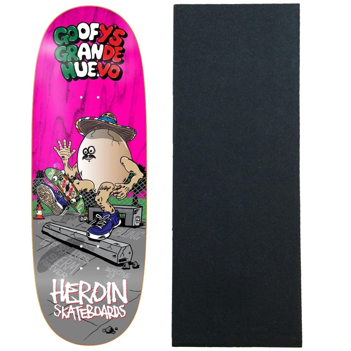 PRODUCT DETAILS Heroin Goofy's Grande Egg スケートボード デッキ 10.75 x 32.4 インチ グリップテープ付き【商品仕様】・ ブランド：Heroin・ 種別：スケートボード デッキ・ デッキ幅：10.75インチ（約27.3cm）・ デッキ長：32.4インチ（約82.3cm）・ ホイールベース：14.375インチ（約36.5cm）・ 素材：7層北米産メイプル・ 付属品：Black Diamond グリップテープ（ブラック）【特徴】・ ブランドを代表するEggシリーズの大型モデル、Goofy's Grande Eggです。・ 10.75インチのワイドな幅を持ち、安定感のある滑走が可能です。・ 後方トラック付近の幅が10.5インチに設定された独特のシェイプを採用しています。・ デッキカラーはアソート仕様のため、木目の色合いが個体ごとに異なります。・ 耐久性に優れた7層の北米産メイプル素材を使用しています。【ご注意】・ 海外並行輸入品のため、付属の説明書がある場合は英語表記となります。 ■ 商品について 海外輸入品（説明書は英語表記の場合あり） ■ ご注意 ・掲載画像は実物に近い色味になるよう調整しておりますが、ご利用の環境により差異が生じる場合があります。・複数店舗で在庫を共有しているため、ご注文後に在庫切れとなる場合がございます。 ■ 納期について お届けの目安を必ずご確認ください。 海外正規ルート仕入れ品 海外ブランド ▼ 海外正規ブランド店 正規代理店 ▼ 当 店 ※本商品は並行輸入品です 製造元は正規品と同一のブランド・メーカーです。当店では海外正規ルートより仕入れた商品を取り扱っております。流通ルートが異なるのみで、商品自体に違いはございません。 ── 当店の商品について ── 正規品のみ取り扱い 海外正規店・正規代理店から商品を直接仕入れ、国内に輸入して販売しております。 日本未入荷・海外限定モデルも多数 日本未入荷・海外限定モデルも多数取り扱っております。サイズ・カラー違いや海外限定で販売された製品など、日本では手に入りにくいアイテムをお届けいたします。 お求めやすい価格の理由 海外市場での価格差や流通ルートの違いにより、国内販売価格よりお求めやすくなっております。品質はそのままに、よりお手頃な価格でお届けいたします。 安心保証 ご使用前に万が一、製品に不具合がございました場合は、交換または商品代金のご返金にて対応させていただきます。商品到着後5日以内にご連絡ください。 ご注意 海外からの輸入品となります。海外輸送のため、外箱に軽微なスレ等がある場合がございますが、商品本体には影響ございません。 ※在庫状況は仕入先の在庫情報をもとに出来る限り正確に表示しておりますが、取寄せ商品のため、タイミングによりご注文後に欠品・キャンセルとなる場合がございます。 お探しの商品がございましたら、お気軽にご相談ください。