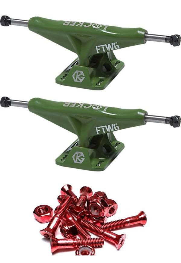 PRODUCT DETAILS Grind King Locker Army Green スケートボード トラック 5.4" Hanger 8.0" Axle 取り付けビス セット【商品仕様】・ 種別：スケートボード用トラック（2個セット）・ ハンガー幅：5.4インチ (約13.7cm)・ アクスル幅：8.0インチ (約20.3cm)・ 適合デッキ：デッキ幅 7.75インチ〜8.25インチ推奨・ 付属品：1インチ アノダイズドレッド ハードウェア（取り付け用ビス・ナット 8セット）・ カラー：アーミーグリーン【特徴】・ グラインド時のキングピンの干渉を抑える独自構造を採用しています。・ ハンガー幅5.4インチ、アクスル幅8.0インチのスタンダードなサイズ感です。・ 耐久性に優れた金属素材を使用し、安定したパフォーマンスを提供します。・ 鮮やかなアノダイズドレッドの取り付けビスがセットになった、トラックとボルトのパッケージです。・ ストリート、パークを問わず幅広いライディングに対応します。【ご注意】・ 海外並行輸入品のため、付属の説明書がある場合は英語表記となります。 ■ 商品について 海外輸入品（説明書は英語表記の場合あり） ■ ご注意 ・掲載画像は実物に近い色味になるよう調整しておりますが、ご利用の環境により差異が生じる場合があります。・複数店舗で在庫を共有しているため、ご注文後に在庫切れとなる場合がございます。 ■ 納期について お届けの目安を必ずご確認ください。 海外正規ルート仕入れ品 海外ブランド ▼ 海外正規ブランド店 正規代理店 ▼ 当 店 ※本商品は並行輸入品です 製造元は正規品と同一のブランド・メーカーです。当店では海外正規ルートより仕入れた商品を取り扱っております。流通ルートが異なるのみで、商品自体に違いはございません。 ── 当店の商品について ── 正規品のみ取り扱い 海外正規店・正規代理店から商品を直接仕入れ、国内に輸入して販売しております。 日本未入荷・海外限定モデルも多数 日本未入荷・海外限定モデルも多数取り扱っております。サイズ・カラー違いや海外限定で販売された製品など、日本では手に入りにくいアイテムをお届けいたします。 お求めやすい価格の理由 海外市場での価格差や流通ルートの違いにより、国内販売価格よりお求めやすくなっております。品質はそのままに、よりお手頃な価格でお届けいたします。 安心保証 ご使用前に万が一、製品に不具合がございました場合は、交換または商品代金のご返金にて対応させていただきます。商品到着後5日以内にご連絡ください。 ご注意 海外からの輸入品となります。海外輸送のため、外箱に軽微なスレ等がある場合がございますが、商品本体には影響ございません。 ※在庫状況は仕入先の在庫情報をもとに出来る限り正確に表示しておりますが、取寄せ商品のため、タイミングによりご注文後に欠品・キャンセルとなる場合がございます。 お探しの商品がございましたら、お気軽にご相談ください。