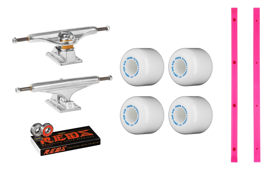 PRODUCT DETAILS Independent 159 Powell Mini-Cubic Bones Reds スケートボード 足回りセット トラック ウィール ベアリング レールバー 8.75インチ【商品仕様】・ 種別：スケートボード用パーツセット・ トラック：Independent Stage 11 Standard 159 (アクスル幅 8.75インチ / 約22.2cm)・ ウィール：Powell Peralta Mini-Cubic ホワイト (直径 64mm / 硬さ 95A)・ ベアリング：Bones Reds (ボーンズ レッズ)・ レールバー：Black Diamond 14.5インチ (約36.8cm / ピンク)・ 構成：トラック2点、ウィール4点、ベアリング8点、レールバー2点【特徴】・ Independentの定番トラックとPowell Peraltaのウィールを組み合わせた、足回りカスタムパーツのセットです。・ 95Aのウィールはパークからストリートまで対応し、64mmのサイズにより走破性を高めています。・ 滑走性能に定評のあるBones Redsベアリングが、スムーズな回転をサポートします。・ デッキ裏に取り付けるピンクカラーのレールバーが付属し、グラインド時のスライド性能向上とデッキの保護を両立します。・ オールドスクールなデッキのセットアップやカスタマイズに適した構成です。【ご注意】・ 海外並行輸入品のため、付属の説明書がある場合は英語表記となります。 ■ 商品について 海外輸入品（説明書は英語表記の場合あり） ■ ご注意 ・掲載画像は実物に近い色味になるよう調整しておりますが、ご利用の環境により差異が生じる場合があります。・複数店舗で在庫を共有しているため、ご注文後に在庫切れとなる場合がございます。 ■ 納期について お届けの目安を必ずご確認ください。 海外正規ルート仕入れ品 海外ブランド ▼ 海外正規ブランド店 正規代理店 ▼ 当 店 ※本商品は並行輸入品です 製造元は正規品と同一のブランド・メーカーです。当店では海外正規ルートより仕入れた商品を取り扱っております。流通ルートが異なるのみで、商品自体に違いはございません。 ── 当店の商品について ── 正規品のみ取り扱い 海外正規店・正規代理店から商品を直接仕入れ、国内に輸入して販売しております。 日本未入荷・海外限定モデルも多数 日本未入荷・海外限定モデルも多数取り扱っております。サイズ・カラー違いや海外限定で販売された製品など、日本では手に入りにくいアイテムをお届けいたします。 お求めやすい価格の理由 海外市場での価格差や流通ルートの違いにより、国内販売価格よりお求めやすくなっております。品質はそのままに、よりお手頃な価格でお届けいたします。 安心保証 ご使用前に万が一、製品に不具合がございました場合は、交換または商品代金のご返金にて対応させていただきます。商品到着後5日以内にご連絡ください。 ご注意 海外からの輸入品となります。海外輸送のため、外箱に軽微なスレ等がある場合がございますが、商品本体には影響ございません。 ※在庫状況は仕入先の在庫情報をもとに出来る限り正確に表示しておりますが、取寄せ商品のため、タイミングによりご注文後に欠品・キャンセルとなる場合がございます。 お探しの商品がございましたら、お気軽にご相談ください。