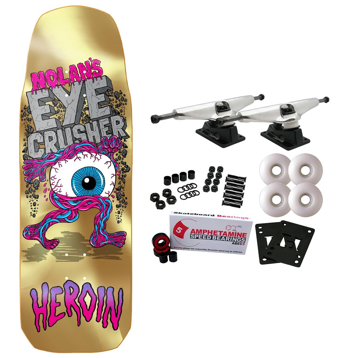 PRODUCT DETAILS Heroin Nolan Houghton Eye Crusher Gold スケートボード コンプリート 10" x 30.85"【商品仕様】・ 種別：スケートボード コンプリート（要組立て）・ デッキ幅：10インチ（約25.4cm）・ デッキ長さ：30.85インチ（約78.4cm）・ ホイールベース：14.5インチ（約36.8cm）・ 素材：7層北米産メイプル・ トラック：Core製アルミトラック（グレード8スチールキングピン採用）・ ウィール：58mm 97A（ストリート・パーク用）・ ベアリング：Amp ABEC 5・ 構成品：Black Diamond グリップテープ、ライザーパッド、ハードウェア一式・ 備考：本商品はパーツごとの状態で届くため、ご自身での組み立てが必要です。【特徴】・ Nolan Houghton プロモデル。ゴールドフォイルの質感が特徴的な新しいシェイプのデッキです。・ デッキのエッジを特徴的に仕上げた Razor Edge Construction を採用しています。・ 58mm 97A ウィールは、ストリートからパークでの滑走まで幅広く対応するバランスの良い硬さです。・ 軽量かつ頑丈なアルミ合金を使用したトラックと、滑らかな回転の Amp ベアリングをセットにしています。・ 初心者からプロレベルまで、あらゆるスキルの方にお使いいただける本格的なセット構成です。【ご注意】・ 海外並行輸入品のため、付属の説明書がある場合は英語表記となります。 ■ 商品について 海外輸入品（説明書は英語表記の場合あり） ■ ご注意 ・掲載画像は実物に近い色味になるよう調整しておりますが、ご利用の環境により差異が生じる場合があります。・複数店舗で在庫を共有しているため、ご注文後に在庫切れとなる場合がございます。 ■ 納期について お届けの目安を必ずご確認ください。 海外正規ルート仕入れ品 海外ブランド ▼ 海外正規ブランド店 正規代理店 ▼ 当 店 ※本商品は並行輸入品です 製造元は正規品と同一のブランド・メーカーです。当店では海外正規ルートより仕入れた商品を取り扱っております。流通ルートが異なるのみで、商品自体に違いはございません。 ── 当店の商品について ── 正規品のみ取り扱い 海外正規店・正規代理店から商品を直接仕入れ、国内に輸入して販売しております。 日本未入荷・海外限定モデルも多数 日本未入荷・海外限定モデルも多数取り扱っております。サイズ・カラー違いや海外限定で販売された製品など、日本では手に入りにくいアイテムをお届けいたします。 お求めやすい価格の理由 海外市場での価格差や流通ルートの違いにより、国内販売価格よりお求めやすくなっております。品質はそのままに、よりお手頃な価格でお届けいたします。 安心保証 ご使用前に万が一、製品に不具合がございました場合は、交換または商品代金のご返金にて対応させていただきます。商品到着後5日以内にご連絡ください。 ご注意 海外からの輸入品となります。海外輸送のため、外箱に軽微なスレ等がある場合がございますが、商品本体には影響ございません。 ※在庫状況は仕入先の在庫情報をもとに出来る限り正確に表示しておりますが、取寄せ商品のため、タイミングによりご注文後に欠品・キャンセルとなる場合がございます。 お探しの商品がございましたら、お気軽にご相談ください。