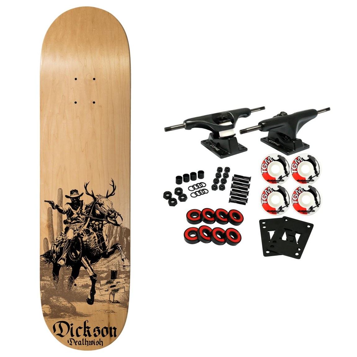PRODUCT DETAILS Deathwish Jon Dickson Hunt スケートボード コンプリート 8.25" x 31.5" 7プライ北米メイプル【商品仕様】・ 種別：スケートボード コンプリート（未組み立てキット）・ デッキ幅：8.25インチ（約20.95cm）・ デッキ長さ：31.5インチ（約80.01cm）・ 素材：7プライ北米メイプル・ トラック：Core製アルミトラック・ ウィール：52mm 99A・ ベアリング：Amp Abec 5・ 対象：初心者からプロまで【特徴】・ 7層の北米産メイプルを使用した耐久性のあるデッキを採用しています。・ ウィールは52mm 99Aで、ストリート走行とパーク走行の両方に適した仕様です。・ 軽量なCore製のアルミトラックと、Abec 5規格のAmpベアリングを組み合わせています。・ 未組み立ての状態でのお届けとなるため、自身の好みに合わせた調整が可能です。【ご注意】・ 海外並行輸入品のため、付属の説明書がある場合は英語表記となります。 ■ 商品について 海外輸入品（説明書は英語表記の場合あり） ■ ご注意 ・掲載画像は実物に近い色味になるよう調整しておりますが、ご利用の環境により差異が生じる場合があります。・複数店舗で在庫を共有しているため、ご注文後に在庫切れとなる場合がございます。 ■ 納期について お届けの目安を必ずご確認ください。 海外正規ルート仕入れ品 海外ブランド ▼ 海外正規ブランド店 正規代理店 ▼ 当 店 ※本商品は並行輸入品です 製造元は正規品と同一のブランド・メーカーです。当店では海外正規ルートより仕入れた商品を取り扱っております。流通ルートが異なるのみで、商品自体に違いはございません。 ── 当店の商品について ── 正規品のみ取り扱い 海外正規店・正規代理店から商品を直接仕入れ、国内に輸入して販売しております。 日本未入荷・海外限定モデルも多数 日本未入荷・海外限定モデルも多数取り扱っております。サイズ・カラー違いや海外限定で販売された製品など、日本では手に入りにくいアイテムをお届けいたします。 お求めやすい価格の理由 海外市場での価格差や流通ルートの違いにより、国内販売価格よりお求めやすくなっております。品質はそのままに、よりお手頃な価格でお届けいたします。 安心保証 ご使用前に万が一、製品に不具合がございました場合は、交換または商品代金のご返金にて対応させていただきます。商品到着後5日以内にご連絡ください。 ご注意 海外からの輸入品となります。海外輸送のため、外箱に軽微なスレ等がある場合がございますが、商品本体には影響ございません。 ※在庫状況は仕入先の在庫情報をもとに出来る限り正確に表示しておりますが、取寄せ商品のため、タイミングによりご注文後に欠品・キャンセルとなる場合がございます。 お探しの商品がございましたら、お気軽にご相談ください。