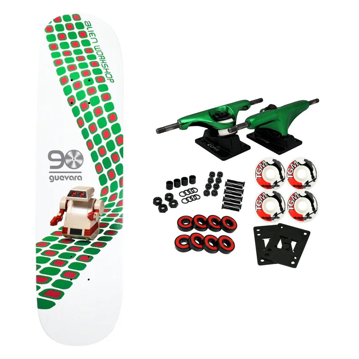 PRODUCT DETAILS Alien Workshop Guevara Artificial Intelligence スケートボード コンプリート 8.25インチ Twin White【商品仕様】・ 種別：スケートボード コンプリート（パーツセット・未組み立て）・ デッキ幅：8.25インチ（約20.95cm）・ デッキ長：32.25インチ（約81.91cm）・ ホイールベース：14.25インチ（約36.19cm）・ 素材：7枚合板（北米産メイプル）・ トラック：Core trucks（アルミニウム製）・ ウィール：52mm 99A（TGMロゴ）・ ベアリング：Amp ABEC 5・ グリップテープ：Black Diamond・ 構成：デッキ、トラック、ウィール、ベアリング、グリップテープ、ライザー、ハードウェア（ボルト類）【特徴】・ BBS社で製造された北米産メイプルデッキを使用しており、前後対称のツインテール形状が特徴です。・ 付属のCoreトラックは軽量なアルミニウム素材を採用し、グレード8のキングピンと米国製ブッシュを装備しています。・ 52mm 99Aのウィールは、ストリートとパークの両方のライディングに適しています。・ パーツがセットになった未組み立ての状態で届くため、構造を理解しながら好みに合わせて組み上げることが可能です。・ 初心者からプロレベルのライダーまで、幅広いスキルレベルの方に対応しています。【ご注意】・ 海外並行輸入品のため、付属の説明書がある場合は英語表記となります。 ■ 商品について 海外輸入品（説明書は英語表記の場合あり） ■ ご注意 ・掲載画像は実物に近い色味になるよう調整しておりますが、ご利用の環境により差異が生じる場合があります。・複数店舗で在庫を共有しているため、ご注文後に在庫切れとなる場合がございます。 ■ 納期について お届けの目安を必ずご確認ください。 海外正規ルート仕入れ品 海外ブランド ▼ 海外正規ブランド店 正規代理店 ▼ 当 店 ※本商品は並行輸入品です 製造元は正規品と同一のブランド・メーカーです。当店では海外正規ルートより仕入れた商品を取り扱っております。流通ルートが異なるのみで、商品自体に違いはございません。 ── 当店の商品について ── 正規品のみ取り扱い 海外正規店・正規代理店から商品を直接仕入れ、国内に輸入して販売しております。 日本未入荷・海外限定モデルも多数 日本未入荷・海外限定モデルも多数取り扱っております。サイズ・カラー違いや海外限定で販売された製品など、日本では手に入りにくいアイテムをお届けいたします。 お求めやすい価格の理由 海外市場での価格差や流通ルートの違いにより、国内販売価格よりお求めやすくなっております。品質はそのままに、よりお手頃な価格でお届けいたします。 安心保証 ご使用前に万が一、製品に不具合がございました場合は、交換または商品代金のご返金にて対応させていただきます。商品到着後5日以内にご連絡ください。 ご注意 海外からの輸入品となります。海外輸送のため、外箱に軽微なスレ等がある場合がございますが、商品本体には影響ございません。 ※在庫状況は仕入先の在庫情報をもとに出来る限り正確に表示しておりますが、取寄せ商品のため、タイミングによりご注文後に欠品・キャンセルとなる場合がございます。 お探しの商品がございましたら、お気軽にご相談ください。