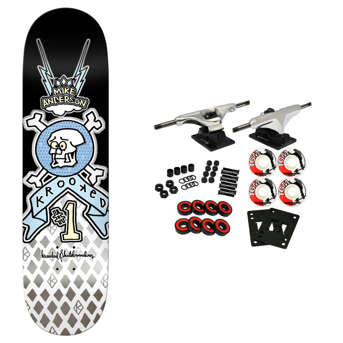 PRODUCT DETAILS Krooked Manderson Redux スケートボード コンプリート 8.38インチ (8.38" x 32")【商品仕様】・ ブランド：Krooked・ 種別：スケートボード コンプリート（要組み立て）・ デッキ幅：8.38インチ（約21.28cm）・ デッキ長さ：32インチ（約81.28cm）・ ホイールベース：14.25インチ（約36.19cm）・ デッキ素材：7枚合板 北米産メイプル・ トラック：Core製 アルミ合金・ ウィール：52mm 99A・ ベアリング：Amp Bearings（ABEC 5相当）【特徴】・ Mike Mandersonの初代プロモデルを新カラーで再リリースしたグラフィックです。・ 北米産メイプルを使用したデッキは、初心者からプロまであらゆるレベルに対応します。・ 52mm 99Aのウィールを採用しており、ストリートからパークまで幅広く使用可能です。・ 軽量なCore製トラックと、メンテナンス性の高いラバーシールド仕様のAmpベアリングを装備しています。・ 未組み立ての状態で届くため、パーツ構成を確認しながらご自身で組み立てが可能です。【ご注意】・ 海外並行輸入品のため、付属の説明書がある場合は英語表記となります。 ■ 商品について 海外輸入品（説明書は英語表記の場合あり） ■ ご注意 ・掲載画像は実物に近い色味になるよう調整しておりますが、ご利用の環境により差異が生じる場合があります。・複数店舗で在庫を共有しているため、ご注文後に在庫切れとなる場合がございます。 ■ 納期について お届けの目安を必ずご確認ください。 海外正規ルート仕入れ品 海外ブランド ▼ 海外正規ブランド店 正規代理店 ▼ 当 店 ※本商品は並行輸入品です 製造元は正規品と同一のブランド・メーカーです。当店では海外正規ルートより仕入れた商品を取り扱っております。流通ルートが異なるのみで、商品自体に違いはございません。 ── 当店の商品について ── 正規品のみ取り扱い 海外正規店・正規代理店から商品を直接仕入れ、国内に輸入して販売しております。 日本未入荷・海外限定モデルも多数 日本未入荷・海外限定モデルも多数取り扱っております。サイズ・カラー違いや海外限定で販売された製品など、日本では手に入りにくいアイテムをお届けいたします。 お求めやすい価格の理由 海外市場での価格差や流通ルートの違いにより、国内販売価格よりお求めやすくなっております。品質はそのままに、よりお手頃な価格でお届けいたします。 安心保証 ご使用前に万が一、製品に不具合がございました場合は、交換または商品代金のご返金にて対応させていただきます。商品到着後5日以内にご連絡ください。 ご注意 海外からの輸入品となります。海外輸送のため、外箱に軽微なスレ等がある場合がございますが、商品本体には影響ございません。 ※在庫状況は仕入先の在庫情報をもとに出来る限り正確に表示しておりますが、取寄せ商品のため、タイミングによりご注文後に欠品・キャンセルとなる場合がございます。 お探しの商品がございましたら、お気軽にご相談ください。