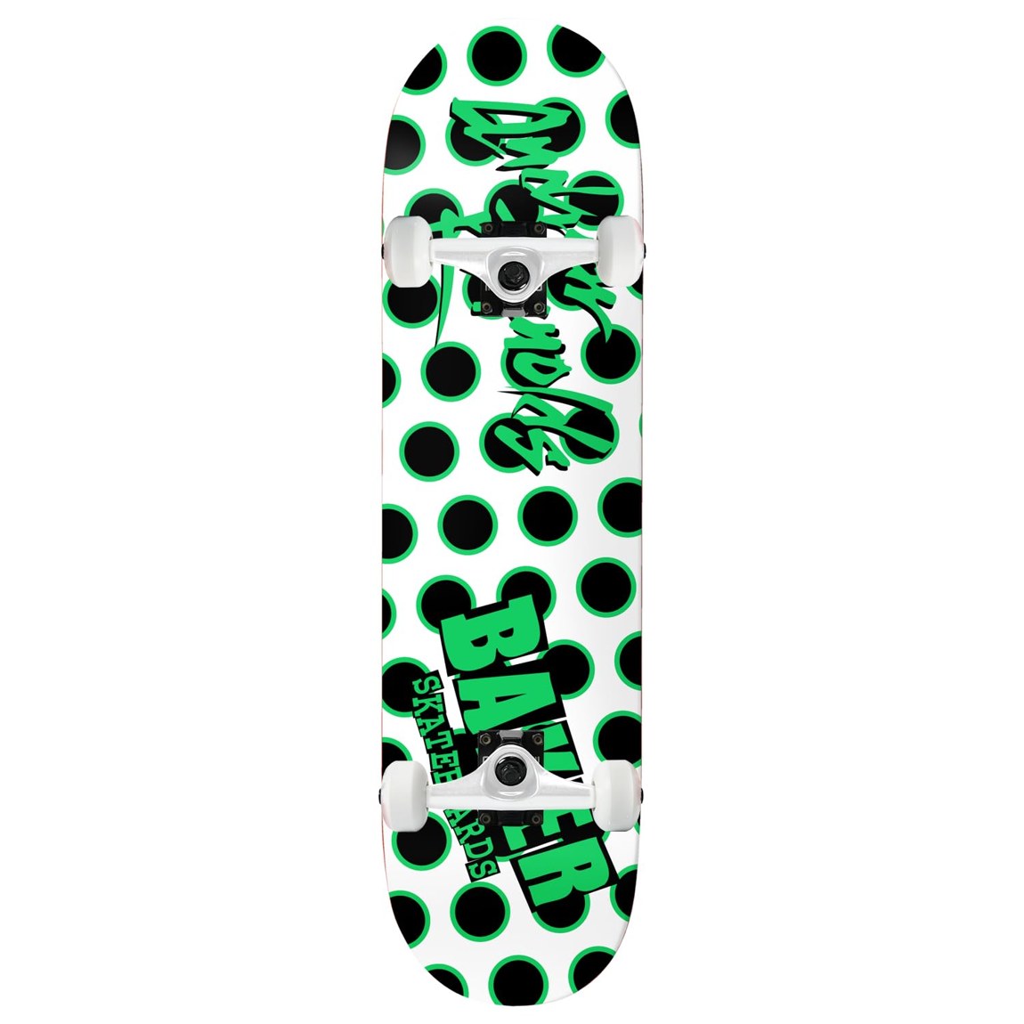 PRODUCT DETAILS Baker Andrew Reynolds Dots スケートボード コンプリート 8.5" x 32" 完成品【商品仕様】・ 種別：スケートボード コンプリート（完成品）・ ブランド：Baker・ デッキサイズ：8.5" x 32"（約21.59cm x 81.28cm）・ ホイールベース：14.5"（約36.83cm）・ デッキ素材：7枚合板（北米産メイプル）・ トラック：Core製アルミトラック（グレード8スチール製キングピン採用）・ ウィール：52mm 99A・ ベアリング：Amp ABEC 5（メンテナンス可能なラバーシールド仕様）・ 対象：初心者からプロまで【特徴】・ BakerのOGシェイプを採用し、緩やかなコンケーブにより操作性に優れた設計となっています。・ デッキには耐久性に優れた7枚合板の北米産メイプル材を使用しています。・ ストリートおよびパーク走行の両方に適した52mm 99Aウィールを搭載しています。・ パーツが組み上げられた完成品の状態でお届けするため、すぐにご使用いただけます。【ご注意】・ 海外並行輸入品のため、付属の説明書がある場合は英語表記となります。 ■ 商品について 海外輸入品（説明書は英語表記の場合あり） ■ ご注意 ・掲載画像は実物に近い色味になるよう調整しておりますが、ご利用の環境により差異が生じる場合があります。・複数店舗で在庫を共有しているため、ご注文後に在庫切れとなる場合がございます。 ■ 納期について お届けの目安を必ずご確認ください。 海外正規ルート仕入れ品 海外ブランド ▼ 海外正規ブランド店 正規代理店 ▼ 当 店 ※本商品は並行輸入品です 製造元は正規品と同一のブランド・メーカーです。当店では海外正規ルートより仕入れた商品を取り扱っております。流通ルートが異なるのみで、商品自体に違いはございません。 ── 当店の商品について ── 正規品のみ取り扱い 海外正規店・正規代理店から商品を直接仕入れ、国内に輸入して販売しております。 日本未入荷・海外限定モデルも多数 日本未入荷・海外限定モデルも多数取り扱っております。サイズ・カラー違いや海外限定で販売された製品など、日本では手に入りにくいアイテムをお届けいたします。 お求めやすい価格の理由 海外市場での価格差や流通ルートの違いにより、国内販売価格よりお求めやすくなっております。品質はそのままに、よりお手頃な価格でお届けいたします。 安心保証 ご使用前に万が一、製品に不具合がございました場合は、交換または商品代金のご返金にて対応させていただきます。商品到着後5日以内にご連絡ください。 ご注意 海外からの輸入品となります。海外輸送のため、外箱に軽微なスレ等がある場合がございますが、商品本体には影響ございません。 ※在庫状況は仕入先の在庫情報をもとに出来る限り正確に表示しておりますが、取寄せ商品のため、タイミングによりご注文後に欠品・キャンセルとなる場合がございます。 お探しの商品がございましたら、お気軽にご相談ください。