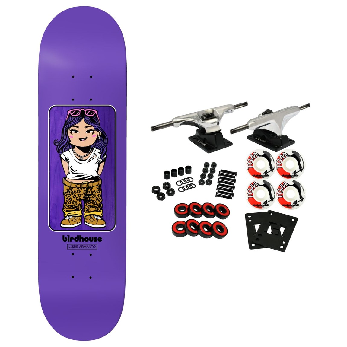 PRODUCT DETAILS Birdhouse Lizzie Armanto Toy Box スケートボード コンプリート 8.0インチ【商品仕様】・ 種別：スケートボード コンプリート（要組み立て）・ デッキサイズ：8.0インチ（幅 約20.32cm）× 31.75インチ（長さ 約80.65cm）・ ホイールベース：14.25インチ（約36.20cm）・ 素材：7層北米産メイプル・ トラック：Core製アルミトラック（グレード8スチール製キングピン・アクスル採用）・ ウィール：52mm 99A・ ベアリング：Amp ABEC5【特徴】・ プロスケーターLizzie Armantoのモデルをベースにしたスケートボードセットです。・ デッキは耐久性に優れた7層の北米産メイプル材で作られています。・ ストリートからパーク走行まで対応可能な52mm・硬度99Aのウィールを採用しています。・ ベアリングはメンテナンスが可能なラバーシールド仕様で、スムーズな回転を持続させる合成オイルが使用されています。・ 未組み立ての状態で届くため、ご自身でセッティングやカスタマイズを楽しむことができます。【ご注意】・ 海外並行輸入品のため、付属の説明書がある場合は英語表記となります。 ■ 商品について 海外輸入品（説明書は英語表記の場合あり） ■ ご注意 ・掲載画像は実物に近い色味になるよう調整しておりますが、ご利用の環境により差異が生じる場合があります。・複数店舗で在庫を共有しているため、ご注文後に在庫切れとなる場合がございます。 ■ 納期について お届けの目安を必ずご確認ください。 海外正規ルート仕入れ品 海外ブランド ▼ 海外正規ブランド店 正規代理店 ▼ 当 店 ※本商品は並行輸入品です 製造元は正規品と同一のブランド・メーカーです。当店では海外正規ルートより仕入れた商品を取り扱っております。流通ルートが異なるのみで、商品自体に違いはございません。 ── 当店の商品について ── 正規品のみ取り扱い 海外正規店・正規代理店から商品を直接仕入れ、国内に輸入して販売しております。 日本未入荷・海外限定モデルも多数 日本未入荷・海外限定モデルも多数取り扱っております。サイズ・カラー違いや海外限定で販売された製品など、日本では手に入りにくいアイテムをお届けいたします。 お求めやすい価格の理由 海外市場での価格差や流通ルートの違いにより、国内販売価格よりお求めやすくなっております。品質はそのままに、よりお手頃な価格でお届けいたします。 安心保証 ご使用前に万が一、製品に不具合がございました場合は、交換または商品代金のご返金にて対応させていただきます。商品到着後5日以内にご連絡ください。 ご注意 海外からの輸入品となります。海外輸送のため、外箱に軽微なスレ等がある場合がございますが、商品本体には影響ございません。 ※在庫状況は仕入先の在庫情報をもとに出来る限り正確に表示しておりますが、取寄せ商品のため、タイミングによりご注文後に欠品・キャンセルとなる場合がございます。 お探しの商品がございましたら、お気軽にご相談ください。
