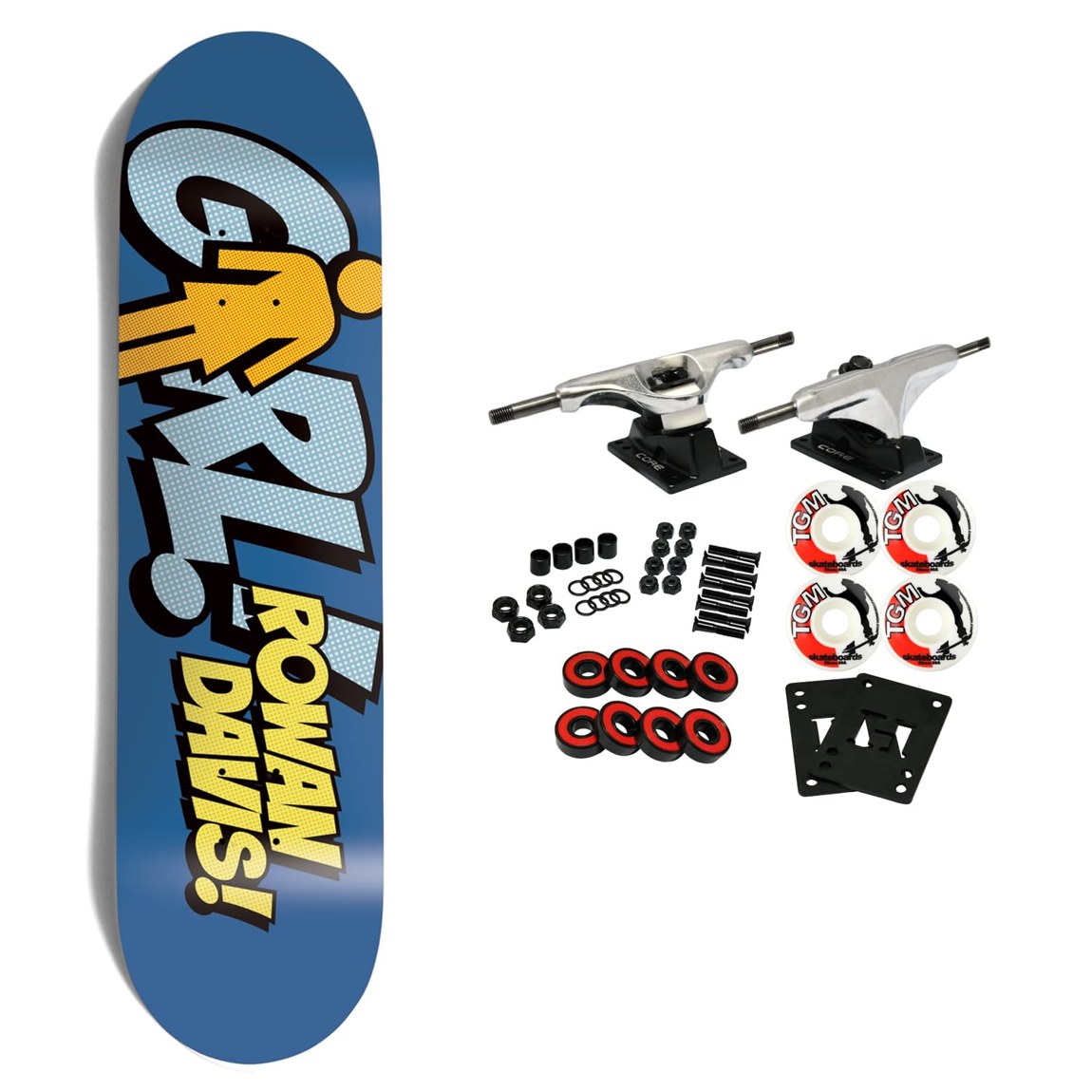 PRODUCT DETAILS Girl Davis Blammo スケートボード コンプリート 7.75" x 31.125" ストリート パーク【商品仕様】・ 種別：スケートボード コンプリート（未組み立てセット）・ デッキサイズ：幅7.75インチ（約19.68cm）× 長さ31.125インチ（約79.05cm）・ ホイールベース：13.8125インチ（約35.08cm）・ トラック：Core製アルミトラック（グレード8スチールキングピン採用）・ ウィール：52mm 99A TGMロゴウィール・ ベアリング：Amp ABEC 5 ベアリング・ セット内容：デッキ、トラック、ウィール、ベアリング、グリップテープ、ライザー、ハードウェア【特徴】・ 丸みのあるノーズとフラットなテール、ストレートなレールが特徴のG009シェイプを採用しています。・ トラックは軽量なアルミ製で、ブッシュやピボットカップに米国製パーツを使用した耐久性の高い仕様です。・ ストリートからパーク走行まで幅広く対応する99A硬度の52mmウィールを付属しています。・ 初心者からプロまで、あらゆるスキルレベルの方に適した本格的なスケートボードセットです。・ 本製品は未組み立ての状態で届くため、自身の好みに合わせたセッティングで組み上げを楽しむことができます。【ご注意】・ 海外並行輸入品のため、付属の説明書がある場合は英語表記となります。 ■ 商品について 海外輸入品（説明書は英語表記の場合あり） ■ ご注意 ・掲載画像は実物に近い色味になるよう調整しておりますが、ご利用の環境により差異が生じる場合があります。・複数店舗で在庫を共有しているため、ご注文後に在庫切れとなる場合がございます。 ■ 納期について お届けの目安を必ずご確認ください。 海外正規ルート仕入れ品 海外ブランド ▼ 海外正規ブランド店 正規代理店 ▼ 当 店 ※本商品は並行輸入品です 製造元は正規品と同一のブランド・メーカーです。当店では海外正規ルートより仕入れた商品を取り扱っております。流通ルートが異なるのみで、商品自体に違いはございません。 ── 当店の商品について ── 正規品のみ取り扱い 海外正規店・正規代理店から商品を直接仕入れ、国内に輸入して販売しております。 日本未入荷・海外限定モデルも多数 日本未入荷・海外限定モデルも多数取り扱っております。サイズ・カラー違いや海外限定で販売された製品など、日本では手に入りにくいアイテムをお届けいたします。 お求めやすい価格の理由 海外市場での価格差や流通ルートの違いにより、国内販売価格よりお求めやすくなっております。品質はそのままに、よりお手頃な価格でお届けいたします。 安心保証 ご使用前に万が一、製品に不具合がございました場合は、交換または商品代金のご返金にて対応させていただきます。商品到着後5日以内にご連絡ください。 ご注意 海外からの輸入品となります。海外輸送のため、外箱に軽微なスレ等がある場合がございますが、商品本体には影響ございません。 ※在庫状況は仕入先の在庫情報をもとに出来る限り正確に表示しておりますが、取寄せ商品のため、タイミングによりご注文後に欠品・キャンセルとなる場合がございます。 お探しの商品がございましたら、お気軽にご相談ください。