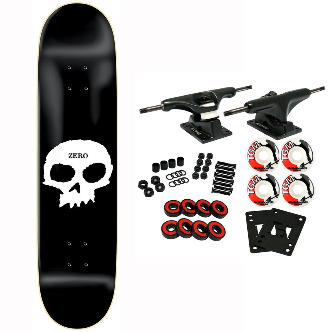 PRODUCT DETAILS Zero Single Skull スケートボード コンプリート 7.25" x 29.25" Mini Youth 組立キット【商品仕様】・ 種別：スケートボード コンプリート（パーツセット・未組み立て品）・ デッキサイズ：幅 7.25インチ（約18.41cm）× 長さ 29.25インチ（約74.29cm）・ ホイールベース：12.5インチ（約31.75cm）・ 素材：北米産メイプル 7枚合板・ トラック：Core製（軽量アルミ、Grade 8スチール製キングピン・アクスル、USA製ブッシュ）・ ウィール：52mm 99A（TGMロゴ）・ ベアリング：Amp Abec 5・ 付属パーツ：Black Diamond グリップテープ、ライザーパッド、ハードウェア・ 対象：ユース、ジュニア、初心者からプロまで【特徴】・ 北米産メイプルを7枚重ねたデッキにより、耐久性と強度を確保しています。・ 7.25インチ幅のミニサイズ設計で、体格の小さなユース層やジュニア層に適したサイズ感です。・ 52mm 99Aのウィールを採用しており、ストリート走行とスケートパークでの使用の両方に対応します。・ 本商品は未組み立ての状態でのお届けとなるため、スケートボードの構造を学びながらセッティングを楽しむことが可能です。・ トラックやベアリングなどの各パーツは、性能を考慮した標準的なパーツ構成となっています。【ご注意】・ 海外並行輸入品のため、付属の説明書がある場合は英語表記となります。 ■ 商品について 海外輸入品（説明書は英語表記の場合あり） ■ ご注意 ・掲載画像は実物に近い色味になるよう調整しておりますが、ご利用の環境により差異が生じる場合があります。・複数店舗で在庫を共有しているため、ご注文後に在庫切れとなる場合がございます。 ■ 納期について お届けの目安を必ずご確認ください。 海外正規ルート仕入れ品 海外ブランド ▼ 海外正規ブランド店 正規代理店 ▼ 当 店 ※本商品は並行輸入品です 製造元は正規品と同一のブランド・メーカーです。当店では海外正規ルートより仕入れた商品を取り扱っております。流通ルートが異なるのみで、商品自体に違いはございません。 ── 当店の商品について ── 正規品のみ取り扱い 海外正規店・正規代理店から商品を直接仕入れ、国内に輸入して販売しております。 日本未入荷・海外限定モデルも多数 日本未入荷・海外限定モデルも多数取り扱っております。サイズ・カラー違いや海外限定で販売された製品など、日本では手に入りにくいアイテムをお届けいたします。 お求めやすい価格の理由 海外市場での価格差や流通ルートの違いにより、国内販売価格よりお求めやすくなっております。品質はそのままに、よりお手頃な価格でお届けいたします。 安心保証 ご使用前に万が一、製品に不具合がございました場合は、交換または商品代金のご返金にて対応させていただきます。商品到着後5日以内にご連絡ください。 ご注意 海外からの輸入品となります。海外輸送のため、外箱に軽微なスレ等がある場合がございますが、商品本体には影響ございません。 ※在庫状況は仕入先の在庫情報をもとに出来る限り正確に表示しておりますが、取寄せ商品のため、タイミングによりご注文後に欠品・キャンセルとなる場合がございます。 お探しの商品がございましたら、お気軽にご相談ください。