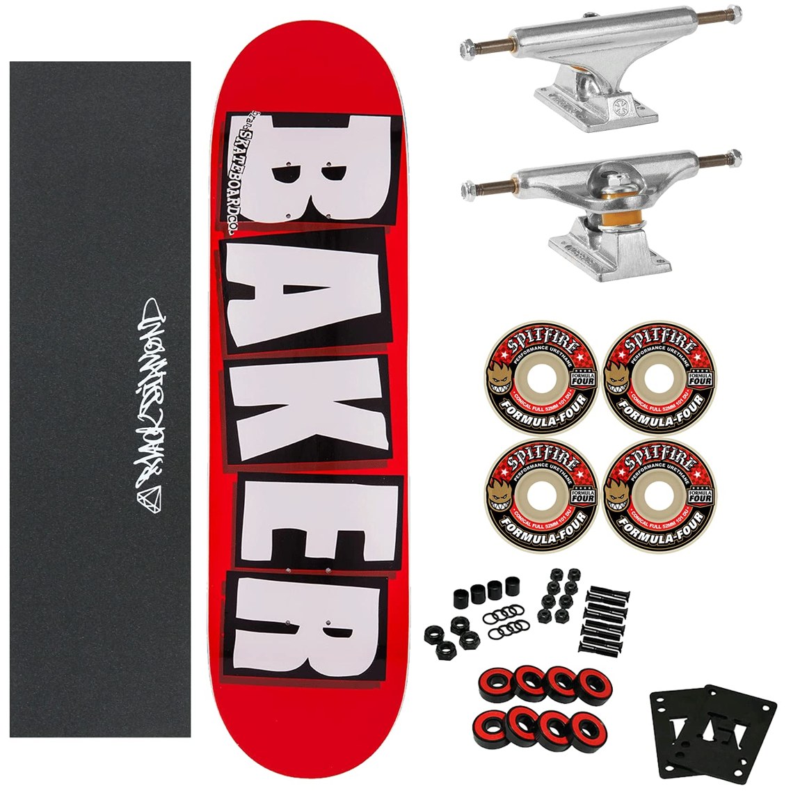 PRODUCT DETAILS BAKER Brand Logo White スケートボード コンプリート 8.25インチ Independent トラック Spitfire ウィール【商品仕様】・ 種別：スケートボード コンプリート（完成品）・ デッキ幅：8.25インチ（約20.95cm）・ デッキ素材：7層カナディアンメープル・ トラック：Independent 144（356 T6 アルミニウム製 / クロモリ鋼アクスル）・ ウィール：Spitfire Formula Four Conical Full 52mm 101A・ 構成：デッキ、トラック、ウィール、ベアリング、グリップテープ【特徴】・ 人気ブランドBAKERのデッキに、定番のIndependentトラックとSpitfireウィールを装備した構成です。・ トラックは優れた回転性能と安定性を備え、グラインド時の引っかかりを軽減する形状を採用しています。・ ウィールは耐摩耗性に優れたFormula Fourウレタンを使用し、フラットスポットが発生しにくい仕様です。・ 接地面積の広いコニカルフル形状のウィールにより、あらゆる路面で高いコントロール性を発揮します。・ ストリートからパークまで、本格的なライディングに対応したパーツ構成となっています。【ご注意】・ 海外並行輸入品のため、付属の説明書がある場合は英語表記となります。 ■ 商品について 海外輸入品（説明書は英語表記の場合あり） ■ ご注意 ・掲載画像は実物に近い色味になるよう調整しておりますが、ご利用の環境により差異が生じる場合があります。・複数店舗で在庫を共有しているため、ご注文後に在庫切れとなる場合がございます。 ■ 納期について お届けの目安を必ずご確認ください。 海外正規ルート仕入れ品 海外ブランド ▼ 海外正規ブランド店 正規代理店 ▼ 当 店 ※本商品は並行輸入品です 製造元は正規品と同一のブランド・メーカーです。当店では海外正規ルートより仕入れた商品を取り扱っております。流通ルートが異なるのみで、商品自体に違いはございません。 ── 当店の商品について ── 正規品のみ取り扱い 海外正規店・正規代理店から商品を直接仕入れ、国内に輸入して販売しております。 日本未入荷・海外限定モデルも多数 日本未入荷・海外限定モデルも多数取り扱っております。サイズ・カラー違いや海外限定で販売された製品など、日本では手に入りにくいアイテムをお届けいたします。 お求めやすい価格の理由 海外市場での価格差や流通ルートの違いにより、国内販売価格よりお求めやすくなっております。品質はそのままに、よりお手頃な価格でお届けいたします。 安心保証 ご使用前に万が一、製品に不具合がございました場合は、交換または商品代金のご返金にて対応させていただきます。商品到着後5日以内にご連絡ください。 ご注意 海外からの輸入品となります。海外輸送のため、外箱に軽微なスレ等がある場合がございますが、商品本体には影響ございません。 ※在庫状況は仕入先の在庫情報をもとに出来る限り正確に表示しておりますが、取寄せ商品のため、タイミングによりご注文後に欠品・キャンセルとなる場合がございます。 お探しの商品がございましたら、お気軽にご相談ください。