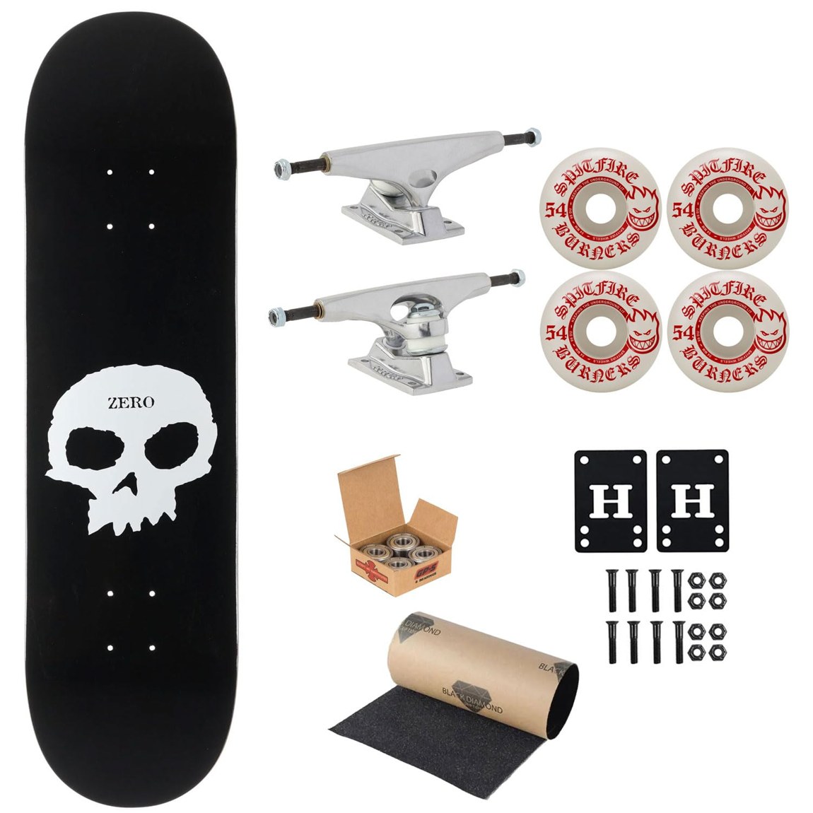 PRODUCT DETAILS Zero Skull 8.25" スケートボード コンプリート Kruxトラック Spitfireウィール Independentベアリング【商品仕様】・ 種別：スケートボード コンプリート（完成品）・ デッキ幅：8.25インチ（約20.95cm）・ デッキ素材：7層北米産メイプル・ トラック：Krux K5 DLK (Down-Low Kingpin)・ ウィール：Spitfire Burners 99A (Bigheadシェイプ)・ ベアリング：Independent GP-S・ その他：Black Diamond グリップテープ、1インチハードウェア、1/8インチライザーパッド付属【特徴】・ ZeroのデッキにKrux、Spitfire、Independentなど業界をリードするブランドのパーツを組み合わせたセットです。・ デッキは耐久性に優れた7層の北米産メイプルを採用しており、ストリートやパークなど幅広いスタイルに対応します。・ キングピンの干渉を抑えたKruxのDLK（ダウンローキングピン）トラックを搭載し、スムーズなグラインドをサポートします。・ 99A硬度のSpitfireウィールと、防塵シールドを備えたIndependent製ベアリングにより、安定した走行性能を発揮します。【ご注意】・ 海外並行輸入品のため、付属の説明書がある場合は英語表記となります。 ■ 商品について 海外輸入品（説明書は英語表記の場合あり） ■ ご注意 ・掲載画像は実物に近い色味になるよう調整しておりますが、ご利用の環境により差異が生じる場合があります。・複数店舗で在庫を共有しているため、ご注文後に在庫切れとなる場合がございます。 ■ 納期について お届けの目安を必ずご確認ください。 海外正規ルート仕入れ品 海外ブランド ▼ 海外正規ブランド店 正規代理店 ▼ 当 店 ※本商品は並行輸入品です 製造元は正規品と同一のブランド・メーカーです。当店では海外正規ルートより仕入れた商品を取り扱っております。流通ルートが異なるのみで、商品自体に違いはございません。 ── 当店の商品について ── 正規品のみ取り扱い 海外正規店・正規代理店から商品を直接仕入れ、国内に輸入して販売しております。 日本未入荷・海外限定モデルも多数 日本未入荷・海外限定モデルも多数取り扱っております。サイズ・カラー違いや海外限定で販売された製品など、日本では手に入りにくいアイテムをお届けいたします。 お求めやすい価格の理由 海外市場での価格差や流通ルートの違いにより、国内販売価格よりお求めやすくなっております。品質はそのままに、よりお手頃な価格でお届けいたします。 安心保証 ご使用前に万が一、製品に不具合がございました場合は、交換または商品代金のご返金にて対応させていただきます。商品到着後5日以内にご連絡ください。 ご注意 海外からの輸入品となります。海外輸送のため、外箱に軽微なスレ等がある場合がございますが、商品本体には影響ございません。 ※在庫状況は仕入先の在庫情報をもとに出来る限り正確に表示しておりますが、取寄せ商品のため、タイミングによりご注文後に欠品・キャンセルとなる場合がございます。 お探しの商品がございましたら、お気軽にご相談ください。