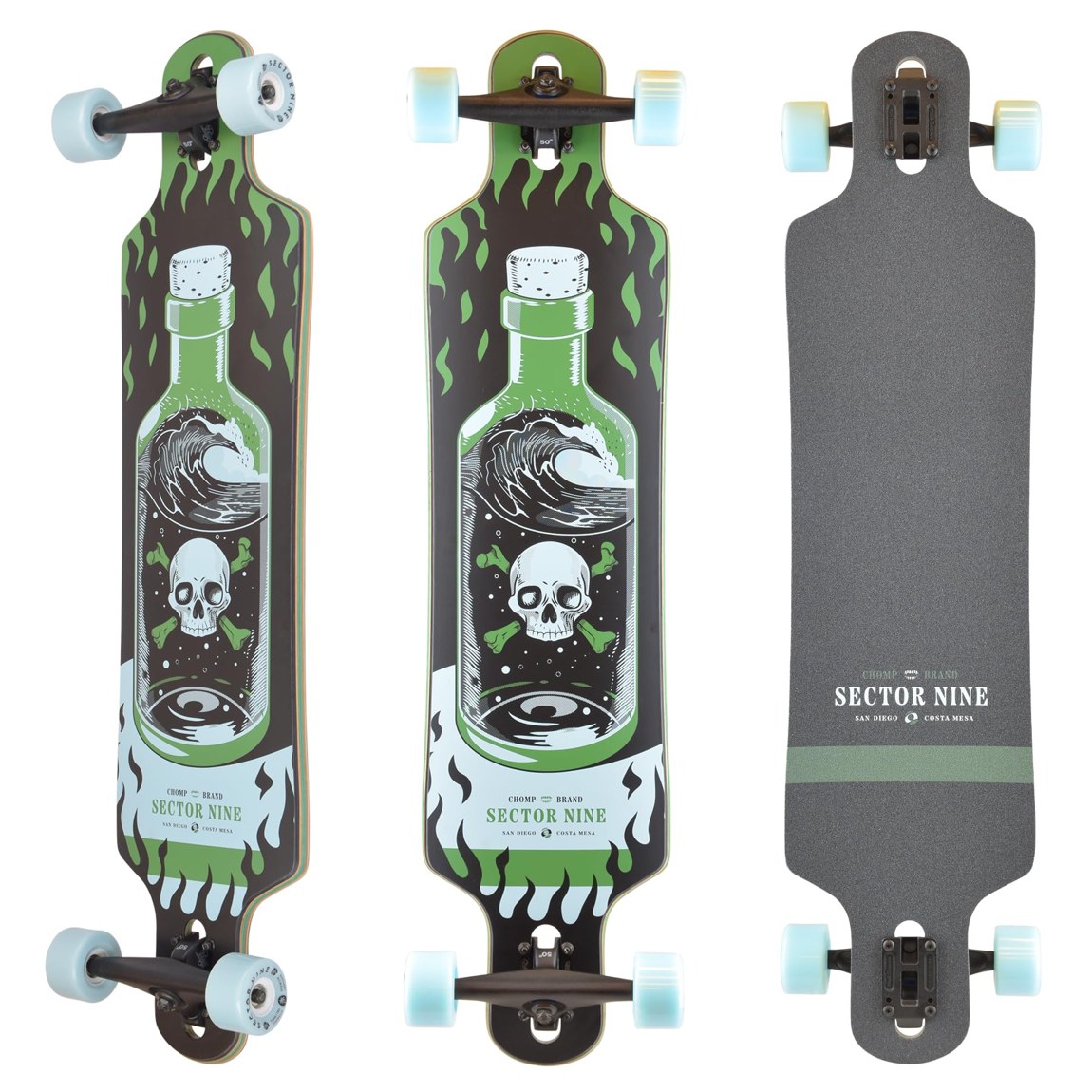 PRODUCT DETAILS Sector 9 Meridian Potion ロングボード スケートボード コンプリート 40.0インチ x 9.75インチ ドロップスルー【商品仕様】・ 種別：ロングボード（完成品）・ デッキサイズ：長さ 40.0インチ（約101.6cm）× 幅 9.75インチ（約24.7cm）・ ホイールベース：30.5インチ（約77.4cm）・ 素材：8プライ メイプル・ トラック：10.0インチ Gullwing Charger Trucks・ ウィール：70mm 78a Nineballs・ ベアリング：ABEC 5 Greaseball Bearings・ グリップテープ：カスタムスクリーン加工グリップテープ【特徴】・ Chomp Brandとのコラボレーションによるアートワークを採用したモデルです。・ デッキがトラックより低い位置にあるドロップスルー構造で、安定した走行とプッシュのしやすさを提供します。・ フリーライドから通勤・通学などの街乗り（コミューター）まで対応する設計です。・ シャープなレール形状により、コーナリングやスライディング時のコントロール性が確保されています。【ご注意】・ 海外並行輸入品のため、付属の説明書がある場合は英語表記となります。 ■ 商品について 海外輸入品（説明書は英語表記の場合あり） ■ ご注意 ・掲載画像は実物に近い色味になるよう調整しておりますが、ご利用の環境により差異が生じる場合があります。・複数店舗で在庫を共有しているため、ご注文後に在庫切れとなる場合がございます。 ■ 納期について お届けの目安を必ずご確認ください。 海外正規ルート仕入れ品 海外ブランド ▼ 海外正規ブランド店 正規代理店 ▼ 当 店 ※本商品は並行輸入品です 製造元は正規品と同一のブランド・メーカーです。当店では海外正規ルートより仕入れた商品を取り扱っております。流通ルートが異なるのみで、商品自体に違いはございません。 ── 当店の商品について ── 正規品のみ取り扱い 海外正規店・正規代理店から商品を直接仕入れ、国内に輸入して販売しております。 日本未入荷・海外限定モデルも多数 日本未入荷・海外限定モデルも多数取り扱っております。サイズ・カラー違いや海外限定で販売された製品など、日本では手に入りにくいアイテムをお届けいたします。 お求めやすい価格の理由 海外市場での価格差や流通ルートの違いにより、国内販売価格よりお求めやすくなっております。品質はそのままに、よりお手頃な価格でお届けいたします。 安心保証 ご使用前に万が一、製品に不具合がございました場合は、交換または商品代金のご返金にて対応させていただきます。商品到着後5日以内にご連絡ください。 ご注意 海外からの輸入品となります。海外輸送のため、外箱に軽微なスレ等がある場合がございますが、商品本体には影響ございません。 ※在庫状況は仕入先の在庫情報をもとに出来る限り正確に表示しておりますが、取寄せ商品のため、タイミングによりご注文後に欠品・キャンセルとなる場合がございます。 お探しの商品がございましたら、お気軽にご相談ください。