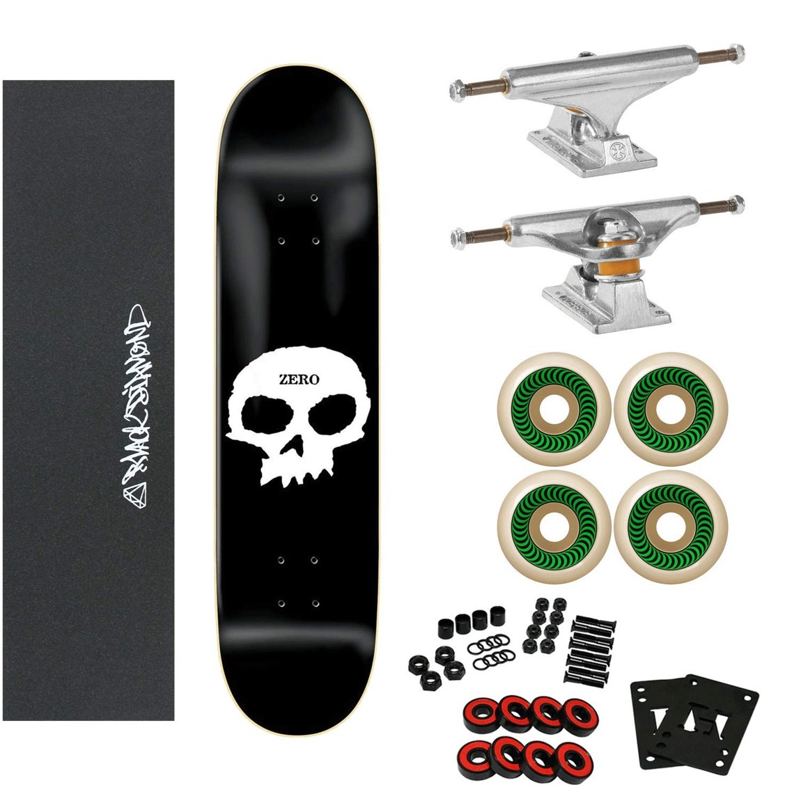 PRODUCT DETAILS Zero Skateboards Single Skull 7.75インチ スケートボード コンプリート Independent Spitfire セット【商品仕様】・ 種別：スケートボード コンプリート（パーツセット）・ デッキ幅：7.75インチ（約19.68cm）・ ブランド：Zero Skateboards・ トラック：Independent Stage 11 Standard Trucks・ ウィール：Spitfire 52mm F4 OG Classics 99A Wheels・ ベアリング：Amp Speed Bearings・ グリップテープ：Black Diamond Griptape・ 構成：デッキ、トラック、ウィール、ベアリング、1インチハードウェア、グリップテープ【特徴】・ 人気ブランドZeroのSingle Skullデッキに、定番のIndependentトラックとSpitfireウィールを組み合わせたプロスペックのセットです。・ デッキ幅7.75インチは、ストリートやテクニカルなトリックを重視するスケーターに適したサイズです。・ 耐久性に定評のあるIndependent Stage 11トラックと、フラットスポットができにくいSpitfireのFormula Fourウィールを採用しています。・ 本商品は未組み立ての状態でのお届けとなります。パーツごとにカスタマイズしながら、ご自身で組み上げていただく仕様です。【ご注意】・ 海外並行輸入品のため、付属の説明書がある場合は英語表記となります。 ■ 商品について 海外輸入品（説明書は英語表記の場合あり） ■ ご注意 ・掲載画像は実物に近い色味になるよう調整しておりますが、ご利用の環境により差異が生じる場合があります。・複数店舗で在庫を共有しているため、ご注文後に在庫切れとなる場合がございます。 ■ 納期について お届けの目安を必ずご確認ください。 海外正規ルート仕入れ品 海外ブランド ▼ 海外正規ブランド店 正規代理店 ▼ 当 店 ※本商品は並行輸入品です 製造元は正規品と同一のブランド・メーカーです。当店では海外正規ルートより仕入れた商品を取り扱っております。流通ルートが異なるのみで、商品自体に違いはございません。 ── 当店の商品について ── 正規品のみ取り扱い 海外正規店・正規代理店から商品を直接仕入れ、国内に輸入して販売しております。 日本未入荷・海外限定モデルも多数 日本未入荷・海外限定モデルも多数取り扱っております。サイズ・カラー違いや海外限定で販売された製品など、日本では手に入りにくいアイテムをお届けいたします。 お求めやすい価格の理由 海外市場での価格差や流通ルートの違いにより、国内販売価格よりお求めやすくなっております。品質はそのままに、よりお手頃な価格でお届けいたします。 安心保証 ご使用前に万が一、製品に不具合がございました場合は、交換または商品代金のご返金にて対応させていただきます。商品到着後5日以内にご連絡ください。 ご注意 海外からの輸入品となります。海外輸送のため、外箱に軽微なスレ等がある場合がございますが、商品本体には影響ございません。 ※在庫状況は仕入先の在庫情報をもとに出来る限り正確に表示しておりますが、取寄せ商品のため、タイミングによりご注文後に欠品・キャンセルとなる場合がございます。 お探しの商品がございましたら、お気軽にご相談ください。