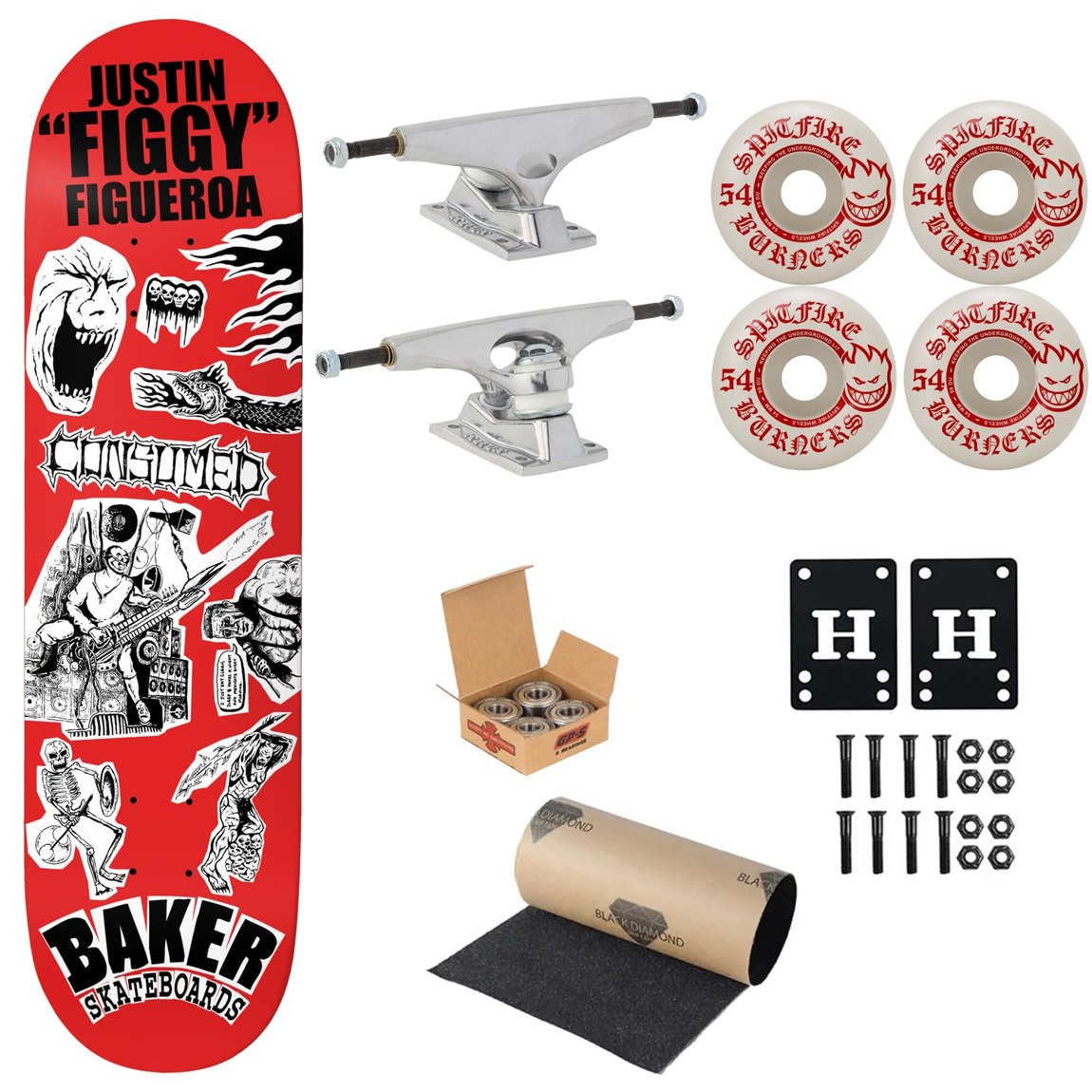PRODUCT DETAILS Baker Figgy Divine Evil コンプリート スケートボード 8.38インチ Krux Spitfire Independent【商品仕様】・ 種別：コンプリート スケートボード（完成品）・ デッキサイズ：8.38 x 32 インチ（約21.3 x 81.3 cm）・ ホイールベース：14.5 インチ（約36.8 cm）・ デッキ素材：7層北米産メイプル・ トラック：Krux K5 DLK 8.25（インバーテッドキングピン仕様）・ ウィール：Spitfire Burners Bighead 99A・ ベアリング：Independent GP-S・ 付属品：Black Diamond グリップテープ、1インチハードウェア、1/8インチライザーパッド【特徴】・ BakerのOGシェイプを採用。緩やかなコンケーブにより、素早いレスポンスが可能です。・ トラックにはKruxのK5 DLKを搭載。キングピンの頭が低い独自の構造で、グラインド時の干渉を最小限に抑えます。・ ウィールはSpitfireの99A硬度を採用し、多様な路面に対応する汎用性と走行性能を両立しています。・ Independent製の高耐久ベアリングや各ブランドのパーツを組み合わせた、ストリートやパークでの使用に適した構成です。【ご注意】・ 海外並行輸入品のため、付属の説明書がある場合は英語表記となります。 ■ 商品について 海外輸入品（説明書は英語表記の場合あり） ■ ご注意 ・掲載画像は実物に近い色味になるよう調整しておりますが、ご利用の環境により差異が生じる場合があります。・複数店舗で在庫を共有しているため、ご注文後に在庫切れとなる場合がございます。 ■ 納期について お届けの目安を必ずご確認ください。 海外正規ルート仕入れ品 海外ブランド ▼ 海外正規ブランド店 正規代理店 ▼ 当 店 ※本商品は並行輸入品です 製造元は正規品と同一のブランド・メーカーです。当店では海外正規ルートより仕入れた商品を取り扱っております。流通ルートが異なるのみで、商品自体に違いはございません。 ── 当店の商品について ── 正規品のみ取り扱い 海外正規店・正規代理店から商品を直接仕入れ、国内に輸入して販売しております。 日本未入荷・海外限定モデルも多数 日本未入荷・海外限定モデルも多数取り扱っております。サイズ・カラー違いや海外限定で販売された製品など、日本では手に入りにくいアイテムをお届けいたします。 お求めやすい価格の理由 海外市場での価格差や流通ルートの違いにより、国内販売価格よりお求めやすくなっております。品質はそのままに、よりお手頃な価格でお届けいたします。 安心保証 ご使用前に万が一、製品に不具合がございました場合は、交換または商品代金のご返金にて対応させていただきます。商品到着後5日以内にご連絡ください。 ご注意 海外からの輸入品となります。海外輸送のため、外箱に軽微なスレ等がある場合がございますが、商品本体には影響ございません。 ※在庫状況は仕入先の在庫情報をもとに出来る限り正確に表示しておりますが、取寄せ商品のため、タイミングによりご注文後に欠品・キャンセルとなる場合がございます。 お探しの商品がございましたら、お気軽にご相談ください。