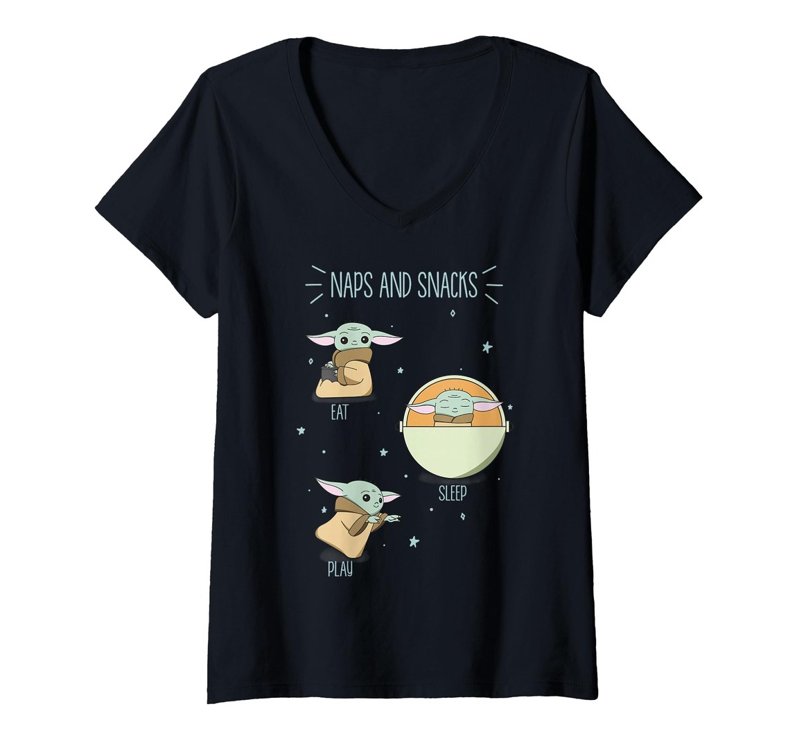 スターウォーズ マンダロリアン The Mandalorian ザ・チャイルド The Child 昼寝 おやつ デザイン Vネック Tシャツ 半袖【商品情報】・ ブランド: スターウォーズ公式ライセンス・ デザイン: マンダロリアン ザ・チャイルド 昼寝とおやつ (Naps and Snacks)・ アイテム種別: Vネック Tシャツ・ 袖丈: 半袖【特徴】・ Disney+で配信中の実写ドラマシリーズ『マンダロリアン』に登場する人気キャラクター、ザ・チャイルドをモチーフにした公式アパレルです。・ 「Naps and Snacks」をテーマに、おやつを食べたり昼寝をしたりする愛らしい姿が落書き調のイラストで描かれています。・ ザ・チャイルドのイラストと作品ロゴが組み合わさった、ファン必見のデザインです。・ 首元をすっきりと見せるVネック仕様で、軽量かつクラシックなフィット感のアイテムです。・ 袖口と裾には耐久性を高めるダブルステッチ加工が施されています。■ サイズ表（着用者の身体サイズ目安・1インチ=約2.54cm換算）※海外(米国)規格です。ゆとりを含むため普段のサイズより1つ下を選ぶ方もいます。【レディース】サイズバストウエストXS84〜86cm64〜66cmS89〜91cm69〜71cmM94〜97cm74〜76cmL99〜104cm79〜84cmXL107〜112cm86〜91cmXXL(2XL)114〜122cm94〜102cm※モニター環境により色味が実物と異なる場合があります。海外倉庫からの入荷のためお届けまでお時間をいただきます。※サイズについて海外規格のため、ご注文前に上記サイズ表を必ずご確認ください。サイズ選び間違いによる交換・返品はお受けできません。