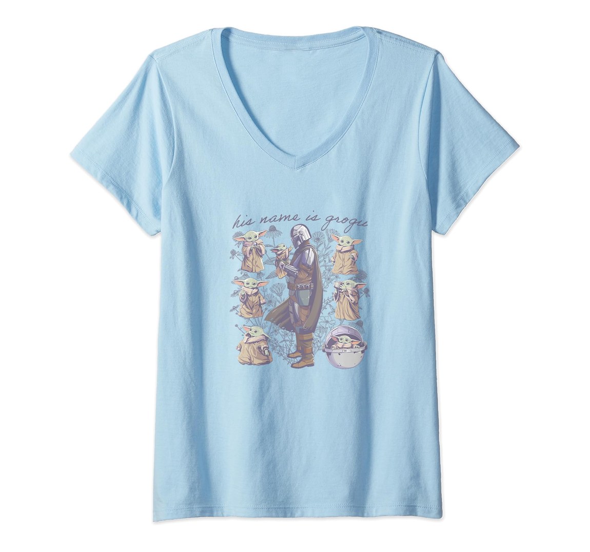 Star Wars Mandalorian The Mandalorian Grogu Botánico Floral Vneck T-Shirt Semi-mancha Dama