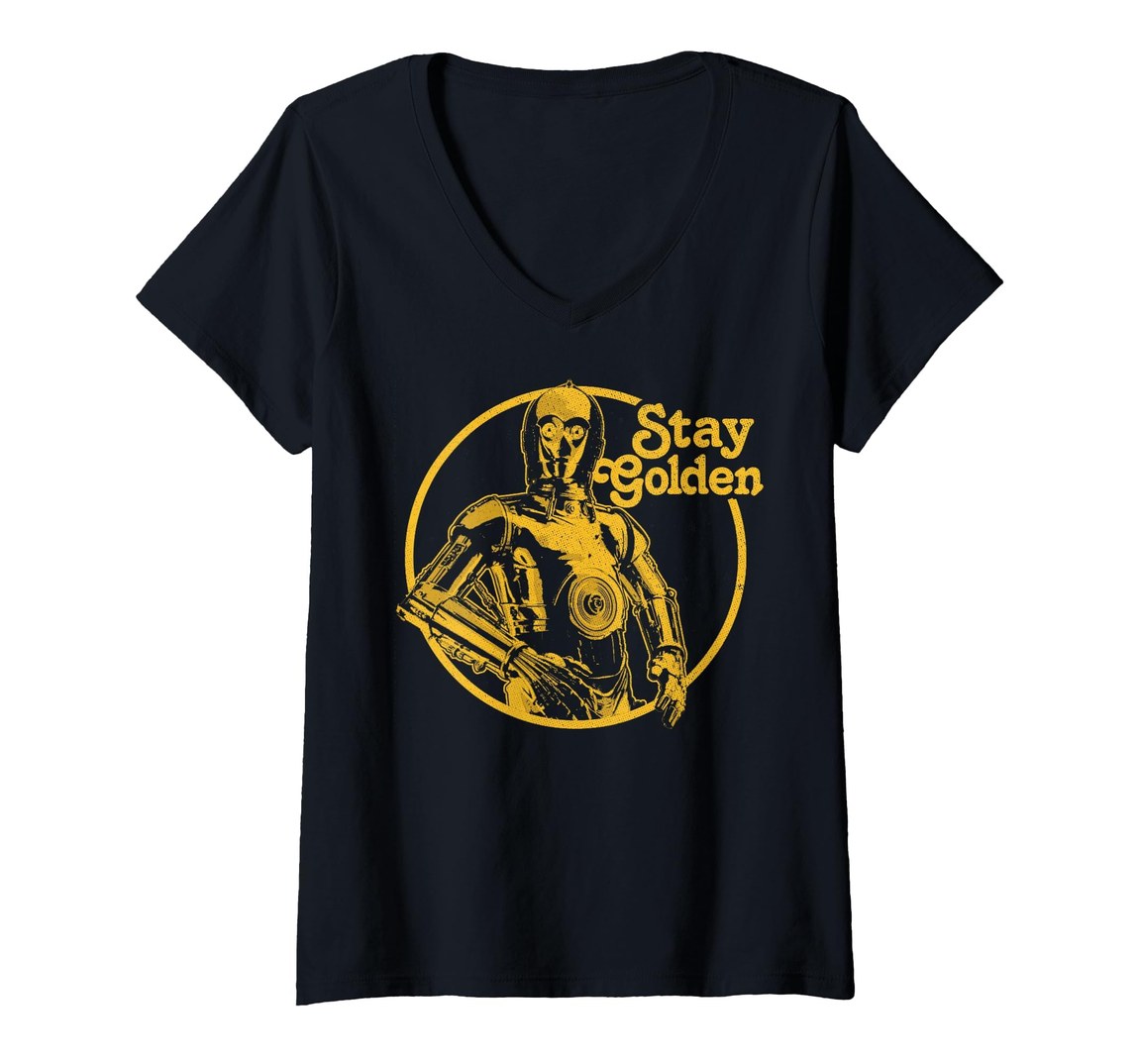 スターウォーズ C-3PO ステイ・ゴールデン Stay Golden Vネック Tシャツ レディース 半袖【商品情報】・ ブランド: スターウォーズ公式ライセンス・ デザイン: C-3PO Stay Golden・ アイテム種別: Vネック Tシャツ・ カラー: ブラック【特徴】・ スターウォーズの人気ドロイド、C-3POをモチーフにした公式ライセンスデザインです・ 「Stay Golden」のフレーズとともにキャラクターが描かれたアイコニックなグラフィックです・ 首元をすっきりと見せるVネック仕様のレディース向けカットを採用しています・ 軽量な生地を使用したクラシックフィットで、快適な着心地を提供します・ 袖口と裾には耐久性を高めるダブルステッチ（二本針縫い）が施されています■ サイズ表（着用者の身体サイズ目安・1インチ=約2.54cm換算）※海外(米国)規格です。ゆとりを含むため普段のサイズより1つ下を選ぶ方もいます。【レディース】サイズバストウエストXS84〜86cm64〜66cmS89〜91cm69〜71cmM94〜97cm74〜76cmL99〜104cm79〜84cmXL107〜112cm86〜91cmXXL(2XL)114〜122cm94〜102cm※モニター環境により色味が実物と異なる場合があります。海外倉庫からの入荷のためお届けまでお時間をいただきます。※サイズについて海外規格のため、ご注文前に上記サイズ表を必ずご確認ください。サイズ選び間違いによる交換・返品はお受けできません。