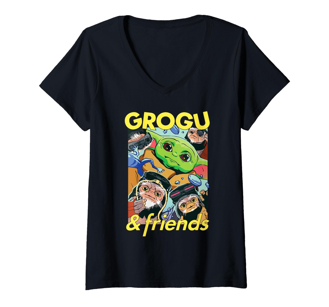 スターウォーズ マンダロリアン The Mandalorian グローグー Grogu & アンゼラン Anzellans ポップアート Vネック Tシャツ 半袖 レディース
