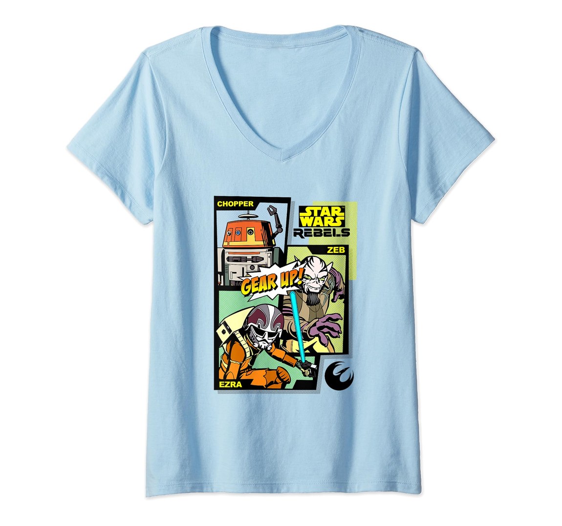 スター・ウォーズ 反乱者たち Star Wars Rebels チョッパー エズラ ゼブ コミックパネル Gear Up! Vネック Tシャツ 半袖 レディース
