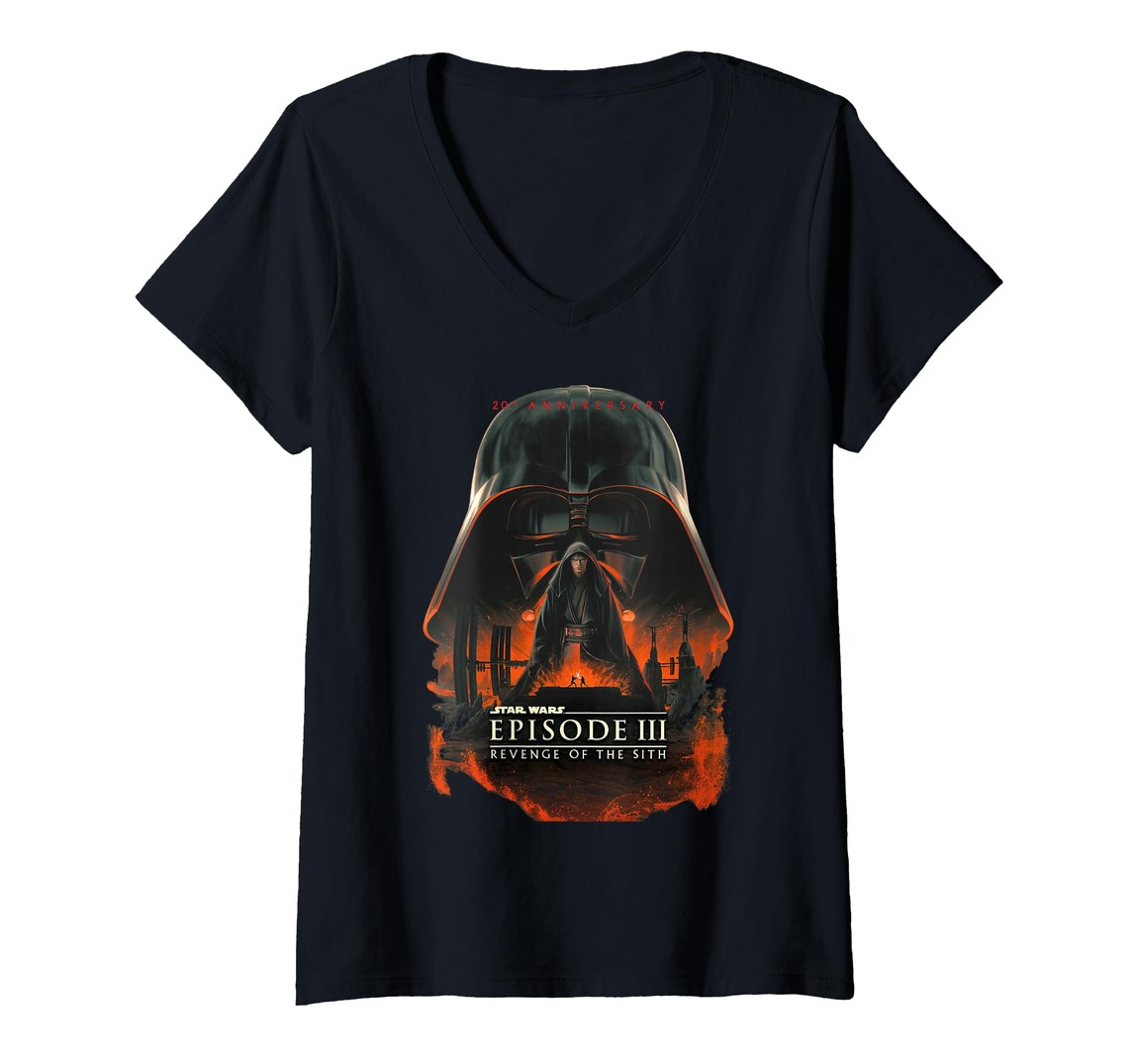 スターウォーズ エピソード3 シスの復讐 Star Wars Episode III Revenge Of The Sith 20周年 記念 ポスターデザイン Vネック Tシャツ 半袖 レディース
