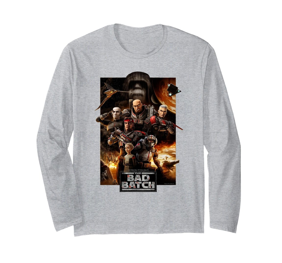 スターウォーズ バッド・バッチ Star Wars: The Bad Batch ポスターアート キャラクター集合 デザイン ロングTシャツ 長袖【商品情報】・ ブランド: スターウォーズ Star Wars 公式ライセンス・ 作品名: スターウォーズ：バッド・バッチ Star Wars: The Bad Batch・ デザイン: シリーズポスター キャラクター集合（ハンター、エコー、テク、レッカー、クロスヘア、オメガ）・ アイテム種別: ロングTシャツ（長袖）・ カラー: ヘザーグレー【特徴】・ アニメーションシリーズ「スターウォーズ：バッド・バッチ」の公式ライセンスアパレルです。・ ハンター、エコー、テク、レッカー、クロスヘア、そしてオメガが描かれた作品のキービジュアルをフロントにプリントしています。・ 袖口と裾には耐久性を高めるダブルステッチ（二本針縫い）を採用したクラシックな仕様です。・ 男女問わず着用可能なユニセックスデザインで、幅広いファンの方に楽しんでいただけるデザインです。■ サイズ表（着用者の身体サイズ目安・1インチ=約2.54cm換算）※海外(米国)規格です。ゆとりを含むため普段のサイズより1つ下を選ぶ方もいます。【ユニセックス】サイズ胸囲ウエストS89〜94cm74〜79cmM97〜102cm81〜86cmL107〜112cm91〜97cmXL117〜122cm102〜107cmXXL(2XL)127〜132cm112〜117cm3XL137〜142cm122〜127cm※モニター環境により色味が実物と異なる場合があります。海外倉庫からの入荷のためお届けまでお時間をいただきます。※サイズについて海外規格のため、ご注文前に上記サイズ表を必ずご確認ください。サイズ選び間違いによる交換・返品はお受けできません。