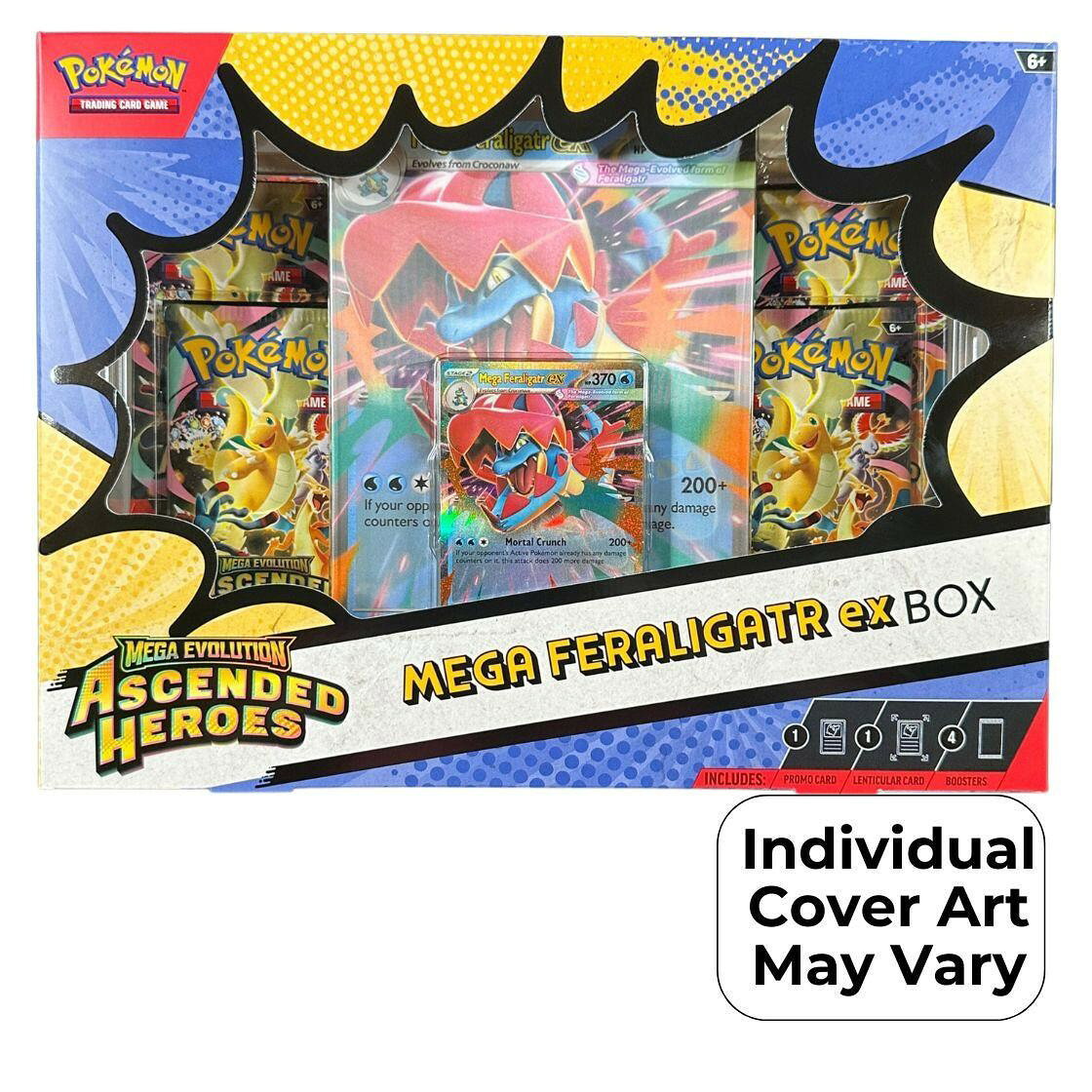PRODUCT DETAILS Pokemon Mega Evolution Ascended Heroes Ex Box【商品仕様】1ボックス：4パック入り1パック：10枚入り総枚数：約42枚（プロモカード含む）【ボックス封入内容（メーカー公表の平均）】・ホイル仕様プロモカード：1枚（メガメガニウムex、メガエンブオーex、メガオーダイルexのいずれか1種）・大判レンチキュラープロモカード：1枚（メガメガニウムex、メガエンブオーex、メガオーダイルexのいずれか1種）・Mega Evolution?Ascended Heroes ブースターパック：4パック【ランダム封入（パラレル・インサート・サイン等）】・メガメガニウムex 収録・メガエンブオーex 収録・メガオーダイルex 収録・Mega Evolution?Ascended Heroes 特殊拡張パックを4パック封入・ダイナミックなアートワークのレンチキュラーカードを封入【ご注意】・海外版（北米流通）の未開封ボックスです。カード・パッケージのテキストは英語表記です。・封入はランダムで、特定カードの封入を保証するものではありません。 ■ 商品について 海外輸入品（説明書は英語表記の場合あり） ■ ご注意 ・掲載画像は実物に近い色味になるよう調整しておりますが、ご利用の環境により差異が生じる場合があります。・複数店舗で在庫を共有しているため、ご注文後に在庫切れとなる場合がございます。 ■ 納期について お届けの目安を必ずご確認ください。 海外正規ルート仕入れ品 海外ブランド ▼ 海外正規ブランド店 正規代理店 ▼ 当 店 ※本商品は並行輸入品です 製造元は正規品と同一のブランド・メーカーです。当店では海外正規ルートより仕入れた商品を取り扱っております。流通ルートが異なるのみで、商品自体に違いはございません。 ── 当店の商品について ── 正規品のみ取り扱い 海外正規店・正規代理店から商品を直接仕入れ、国内に輸入して販売しております。 日本未入荷・海外限定モデルも多数 日本未入荷・海外限定モデルも多数取り扱っております。サイズ・カラー違いや海外限定で販売された製品など、日本では手に入りにくいアイテムをお届けいたします。 お求めやすい価格の理由 海外市場での価格差や流通ルートの違いにより、国内販売価格よりお求めやすくなっております。品質はそのままに、よりお手頃な価格でお届けいたします。 安心保証 ご使用前に万が一、製品に不具合がございました場合は、交換または商品代金のご返金にて対応させていただきます。商品到着後5日以内にご連絡ください。 ご注意 海外からの輸入品となります。海外輸送のため、外箱に軽微なスレ等がある場合がございますが、商品本体には影響ございません。 ※在庫状況は仕入先の在庫情報をもとに出来る限り正確に表示しておりますが、取寄せ商品のため、タイミングによりご注文後に欠品・キャンセルとなる場合がございます。 お探しの商品がございましたら、お気軽にご相談ください。