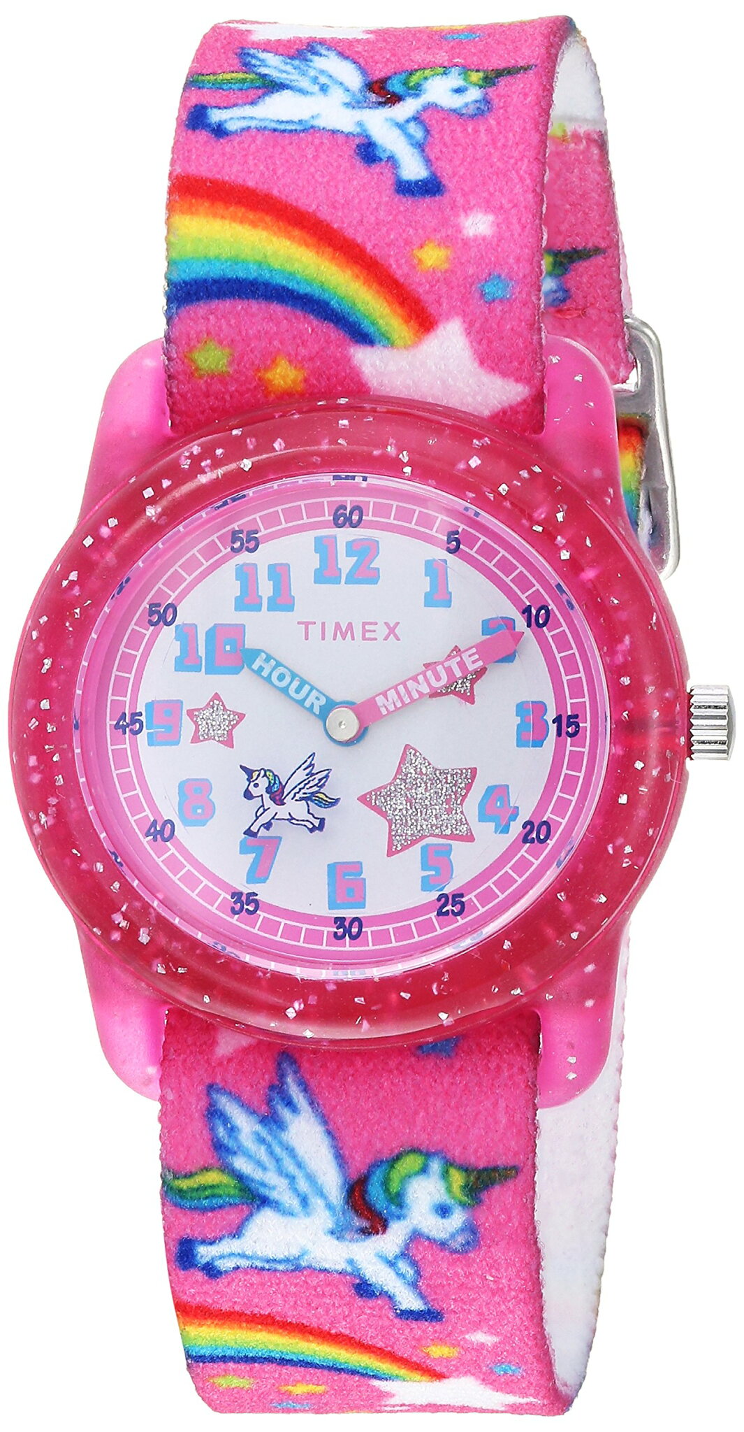 Timexタイメックス キッズ ガールズ TW7C25500 Time Machines Pink/Rainbows & Unicorns Elastic Fabric Strap Watch
