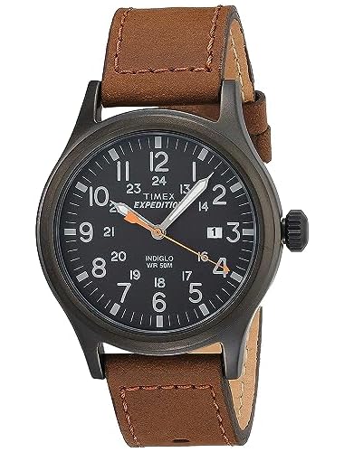 Timexタイメックス メンズ 腕時計 エクスペディション スカウト 40mm ブラックケース ブラック文字盤 茶色レザーストラップ