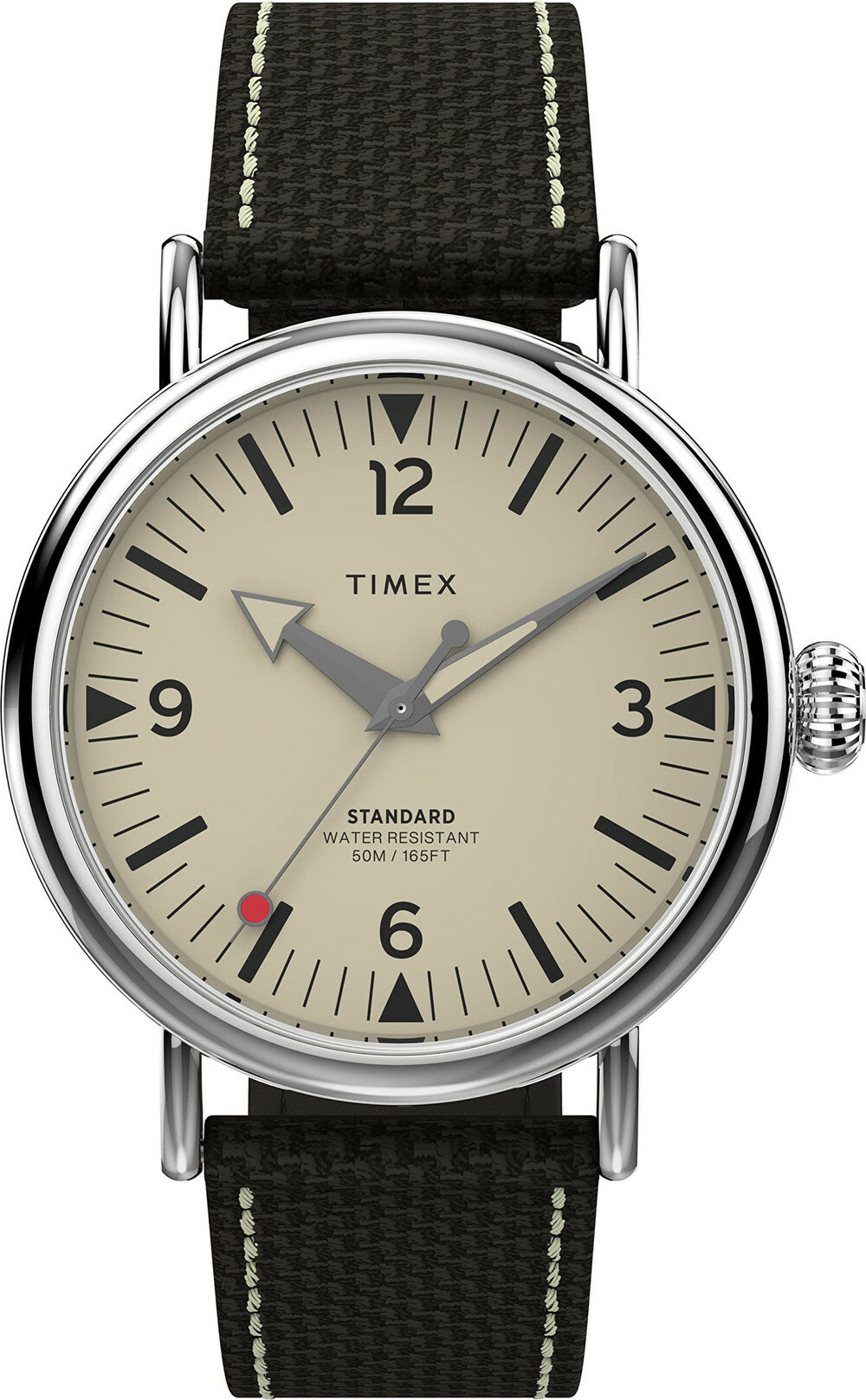 Timexタイメックス スタンダード 40mm ウォッチ シルバートーン ケース クリーム ダイアル ブラウン レザー ファブリック ストラップ