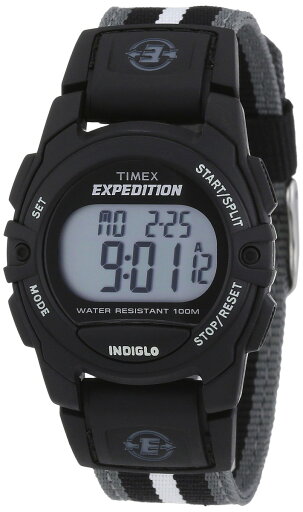 Timex ユニセックス Expedition Digital CAT 33mm 腕時計 ブラックケース ブラック&グレーストライプファブリックストラップ Timex ユニセックス Expedition Digital CAT 33mm 腕時計 ブラックケース ブラック&グレーストライプファブリックストラップ