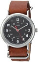 Timex ユニセックス Weekender 38mm 腕時計 シルバートーンケース ブラックダイアル ブラウンレザースリップスルーストラップ