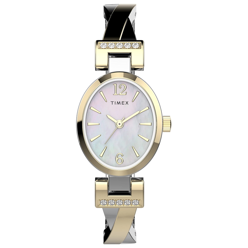 Timex レディース ドレス ストレッチバングル 21mm ウォッチ - ゴールドトーンケース マザーオブパールダイヤル ツートーンエクスパンションバンド付き