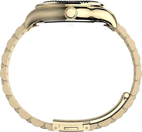 Timex レディース Waterbury Legacy 34mm 腕時計 - ブラックダイアル ゴールドトーンステンレススチールケース&ブレスレット クリスタル付き