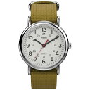 Timex ユニセックス Weekender 38mm 腕時計 シルバートーンケース ホワイトダイアル オリーブファブリックスリップスルーストラップ