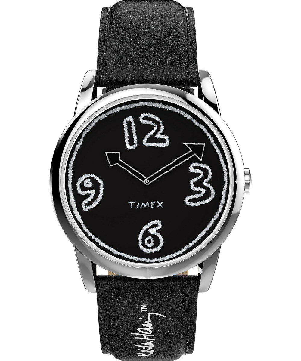 Timex ユニセックス キース・ヘリング イージーリーダー 40mm ウォッチ - ブラックストラップ ブラックダイヤル シルバートーンケース