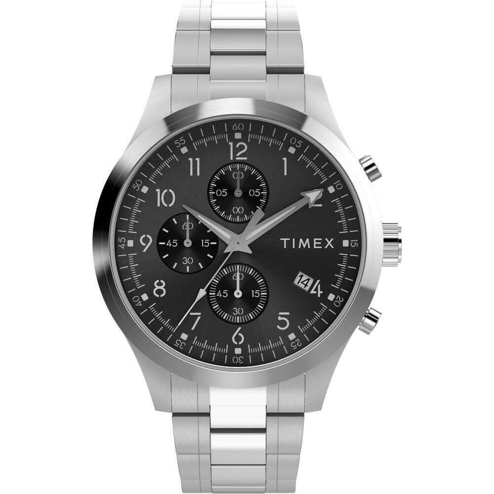 Timex メンズ Dress Chronograph 43mm 腕時計 - シルバートーンブレスレット ブラックダイアル シルバートーンケース