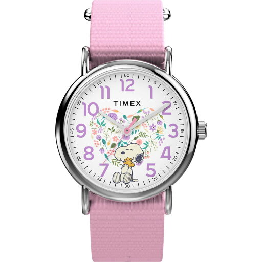 Timex x Peanuts レディース ウィークエンダー イン ブルーム 31mm ウォッチ - ピンクストラップ ホワイトダイヤル シルバートーンケース Timex x Peanuts レディース ウィークエンダー イン ブルーム 31mm ウォッチ - ピンクストラップ ホワイトダイヤル シルバートーンケース