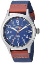 Timex メンズ Expedition Scout 40mm 腕時計 グレーケース ブルーダイアル ブルー&ブラウンファブリック&レザーストラップ