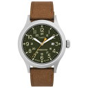 Timex メンズ Expedition Scout 40mm 腕時計 シルバートーンケース グリーンダイアル ブラウンレザーストラップ