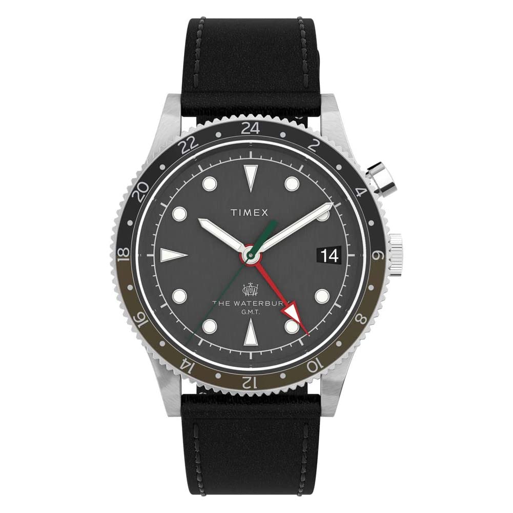 Timex メンズ Waterbury Traditional GMT 39mm 腕時計 ステンレススチールケース ブラックダイアル ト..