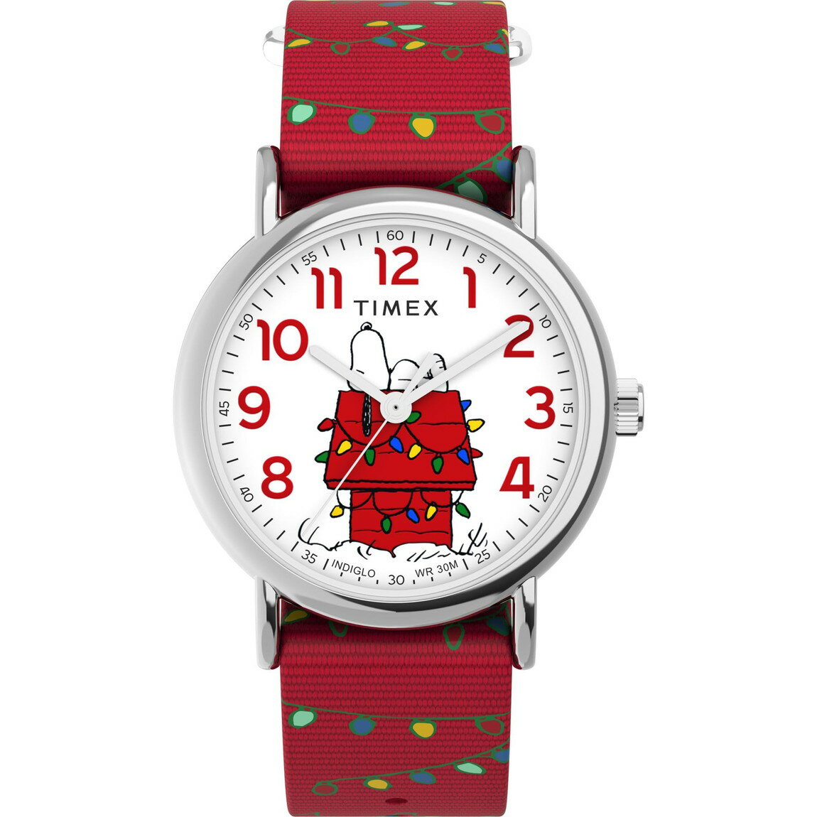 Timex x Peanuts レディース Weekender Holiday 38mm 腕時計 レッドストラップ ホワイトダイアル シルバートーンケース