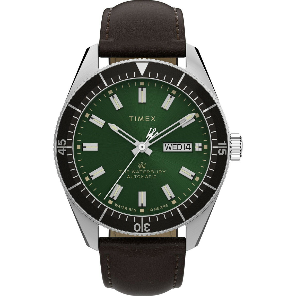 Timex メンズ Waterbury Traditional Diver 40mm 腕時計 ブラウンストラップ グリーンダイアル ステンレススチールケース(2)