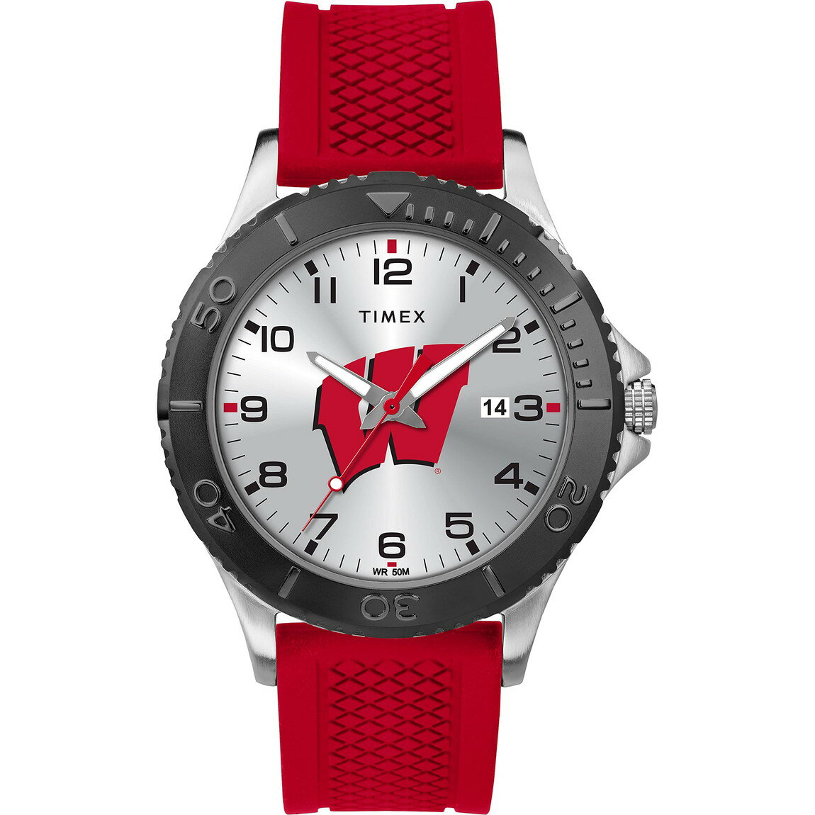 F, H, W - Timex Tribute メンズ Collegiate Gamer 42mm 腕時計 Wisconsin Badgers レッド シリコンストラップ