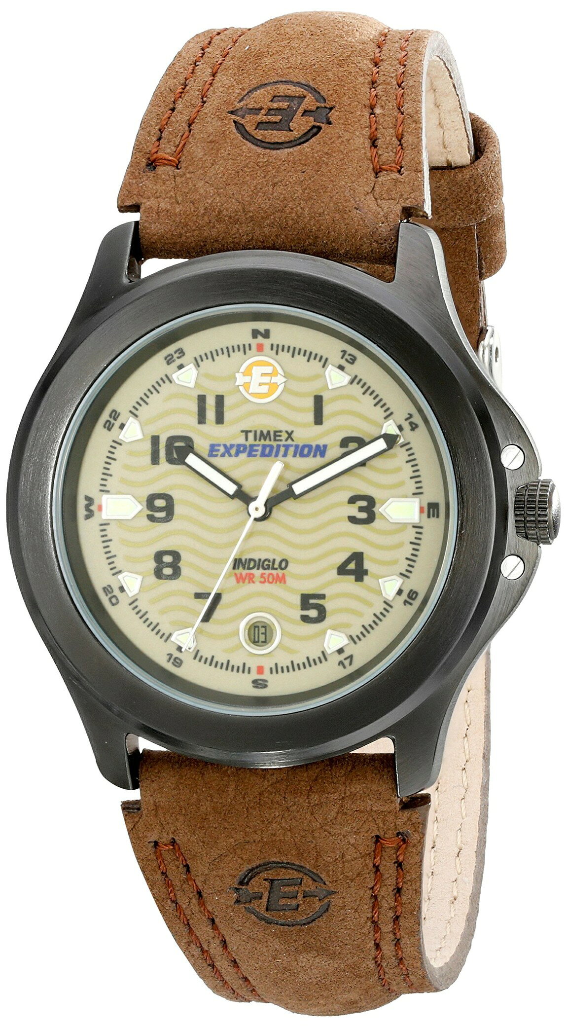 タイメックス Expedition メンズ 40mm オリーブ文字盤 ブラウンレザーベルト インディグロライト搭載 腕時計