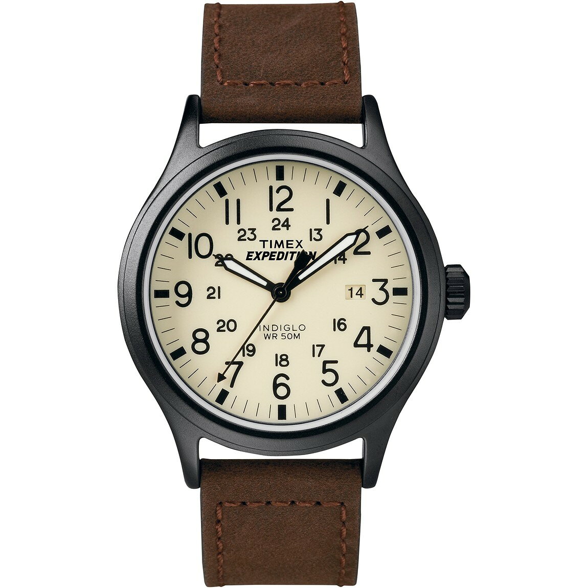 タイメックス Expedition Scout メンズ 40mm クリーム文字盤 ブラックケース ブラウンレザー クォーツ