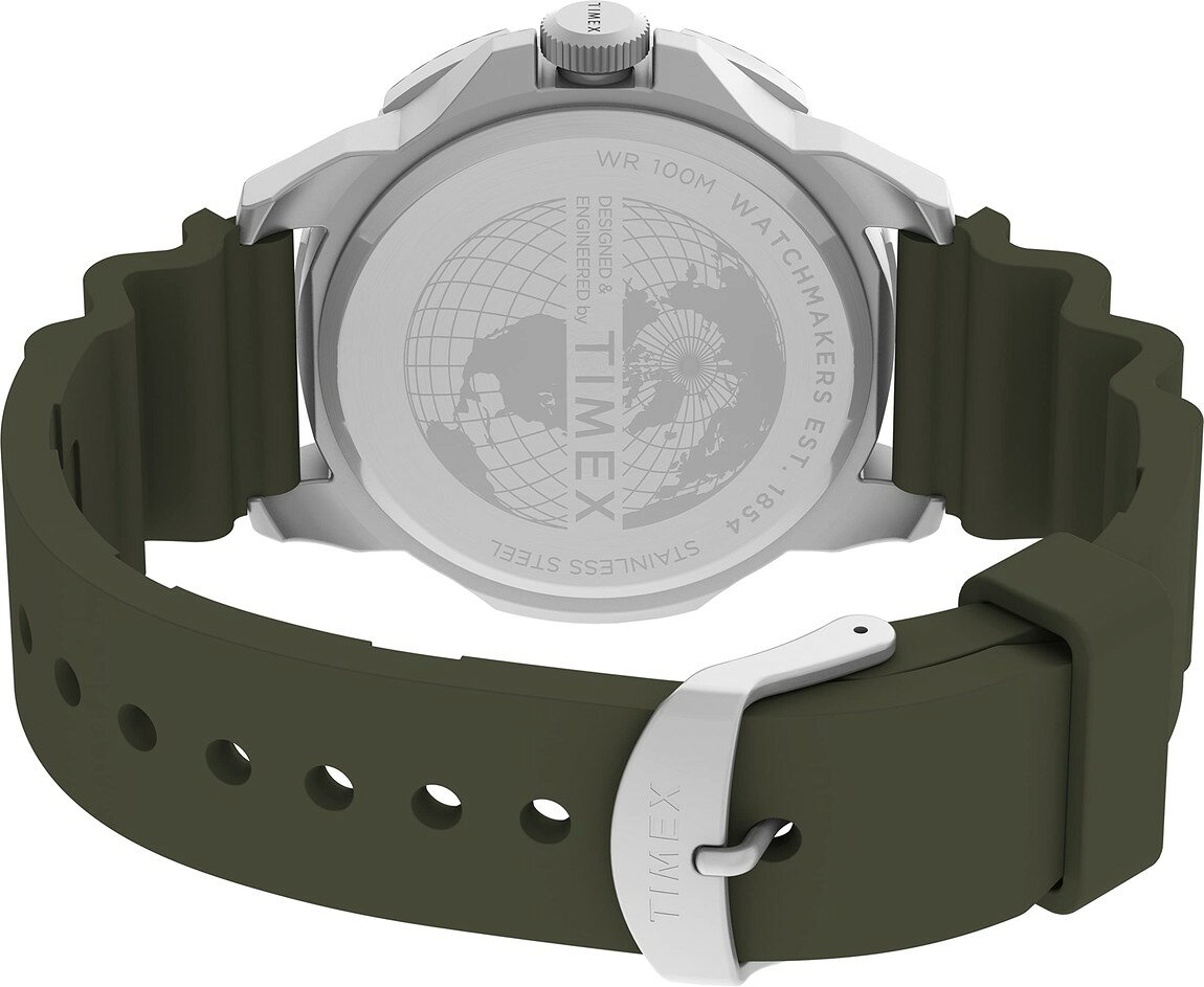 Basqueバスクのタイメックス Expedition North Ridge メンズ 41mm グリーン文字盤 シルバーケース シリコンストラップ｜アングル2