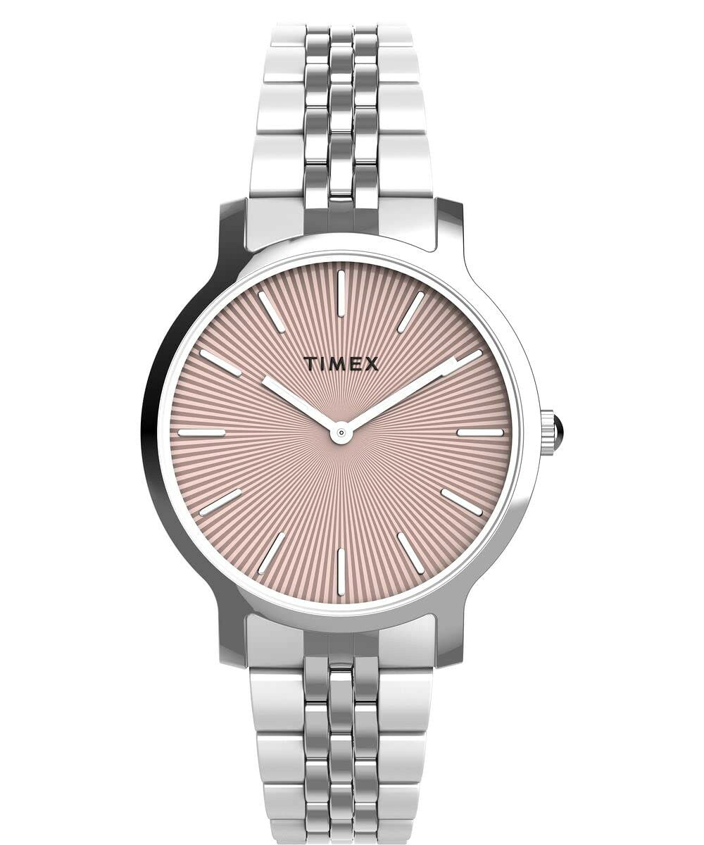 PRODUCT DETAILS タイメックス Transcend レディース ピンク文字盤 ステンレスブレスレット シルバーケース 34mm【商品仕様】・ ムーブメント：クォーツ・ ケース径：34mm・ ケース素材：ステンレススチール・ 文字盤色：ピンク・ 風防：ミネラルガラス・ バンド素材：ステンレススチール・ 防水：30m防水（3気圧防水）【特徴】・ スリムで洗練されたデザインが特徴のTranscendコレクションです。・ 柔らかなピンクカラーの文字盤にシルバーのケースを組み合わせています。・ ステンレス製のブレスレットを採用し、手元を上品に演出します。・ 34mmのケースサイズで、日常の様々なシーンに馴染むサイズ感です。 ■ 商品について 海外輸入品（説明書は英語表記の場合あり） ■ ご注意 ・掲載画像は実物に近い色味になるよう調整しておりますが、ご利用の環境により差異が生じる場合があります。・複数店舗で在庫を共有しているため、ご注文後に在庫切れとなる場合がございます。 ■ 納期について お届けの目安を必ずご確認ください。 海外正規ルート仕入れ品 海外ブランド ▼ 海外正規ブランド店 正規代理店 ▼ 当 店 ※本商品は並行輸入品です 製造元は正規品と同一のブランド・メーカーです。当店では海外正規ルートより仕入れた商品を取り扱っております。流通ルートが異なるのみで、商品自体に違いはございません。 ── 当店の商品について ── 正規品のみ取り扱い 海外正規店・正規代理店から商品を直接仕入れ、国内に輸入して販売しております。 日本未入荷・海外限定モデルも多数 日本未入荷・海外限定モデルも多数取り扱っております。サイズ・カラー違いや海外限定で販売された製品など、日本では手に入りにくいアイテムをお届けいたします。 お求めやすい価格の理由 海外市場での価格差や流通ルートの違いにより、国内販売価格よりお求めやすくなっております。品質はそのままに、よりお手頃な価格でお届けいたします。 安心保証 ご使用前に万が一、製品に不具合がございました場合は、交換または商品代金のご返金にて対応させていただきます。商品到着後5日以内にご連絡ください。 ご注意 海外からの輸入品となります。海外輸送のため、外箱に軽微なスレ等がある場合がございますが、商品本体には影響ございません。 ※在庫状況は仕入先の在庫情報をもとに出来る限り正確に表示しておりますが、取寄せ商品のため、タイミングによりご注文後に欠品・キャンセルとなる場合がございます。 お探しの商品がございましたら、お気軽にご相談ください。