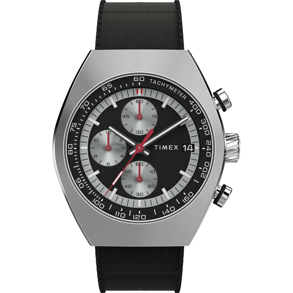 タイメックス Legacy Tonneau Chronograph メンズ 腕時計 42mm ブラック文字盤 ステンレススチールケース ブラックバンド