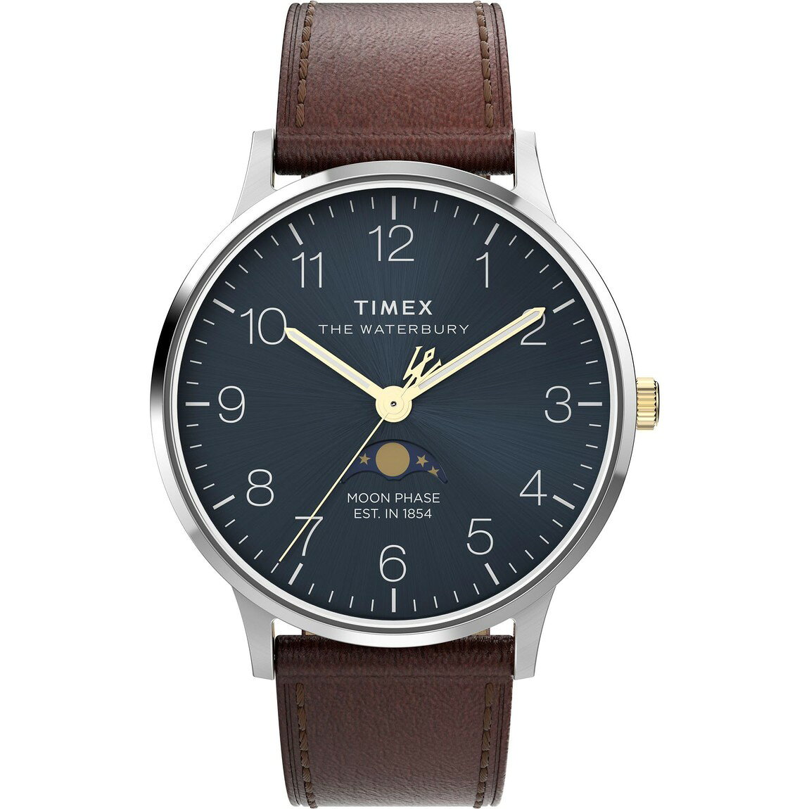 タイメックス Waterbury Classic メンズ ムーンフェイズ 40mm ブルー文字盤 ブラウンレザー クォーツ