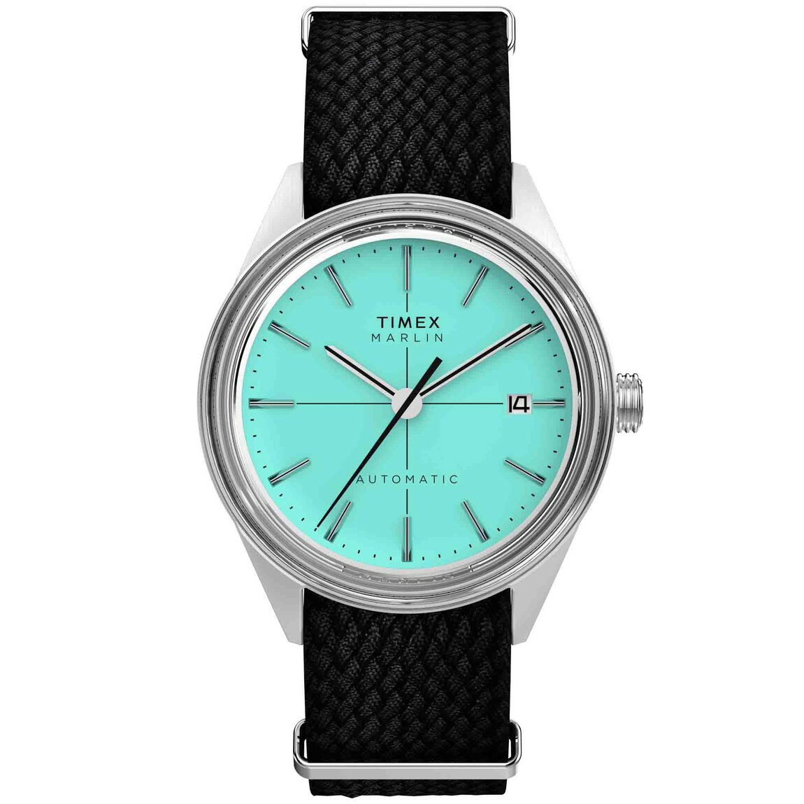 タイメックス Marlin Automatic メンズ 38mm ブルー文字盤 ブラック レザーストラップ ステンレススチール